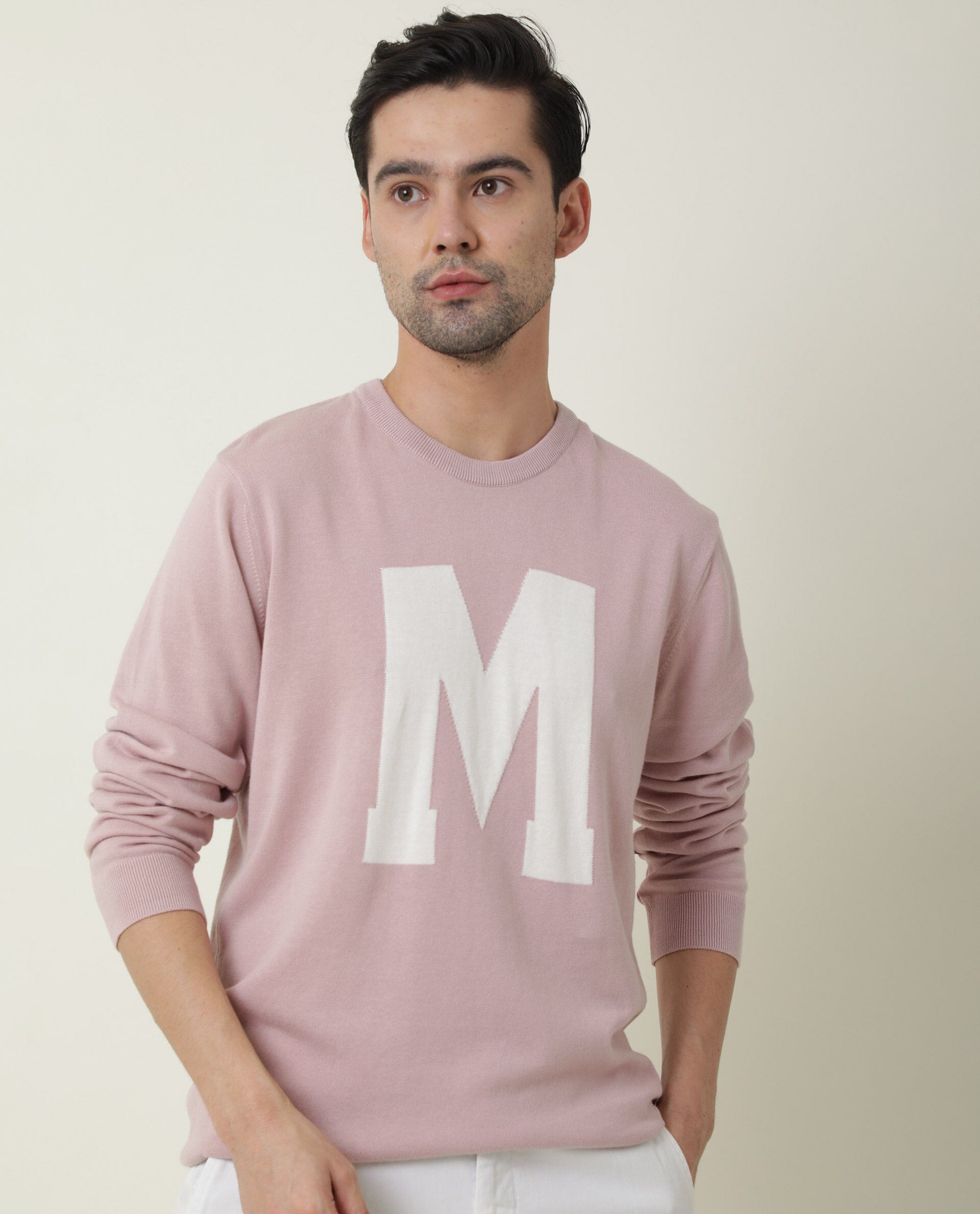 Rare Rabbit Men's Avitt Pink Cotton Jacquard Regular Fit Full Sleeve Crew Neck Sweater