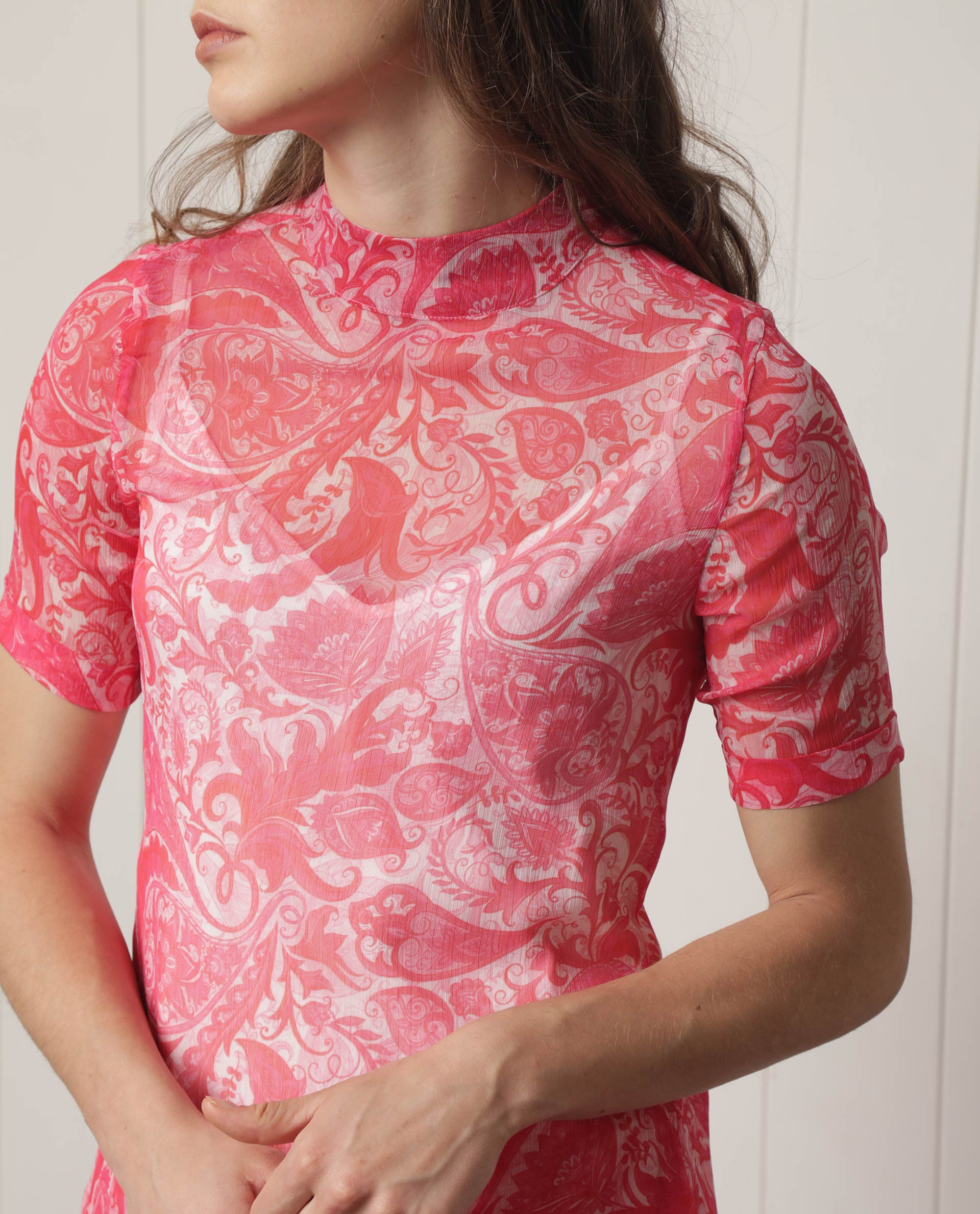 Rareism Women's Beryl Pink Polyester High Neck Paisley Print Knee Length Regular Fit Dress