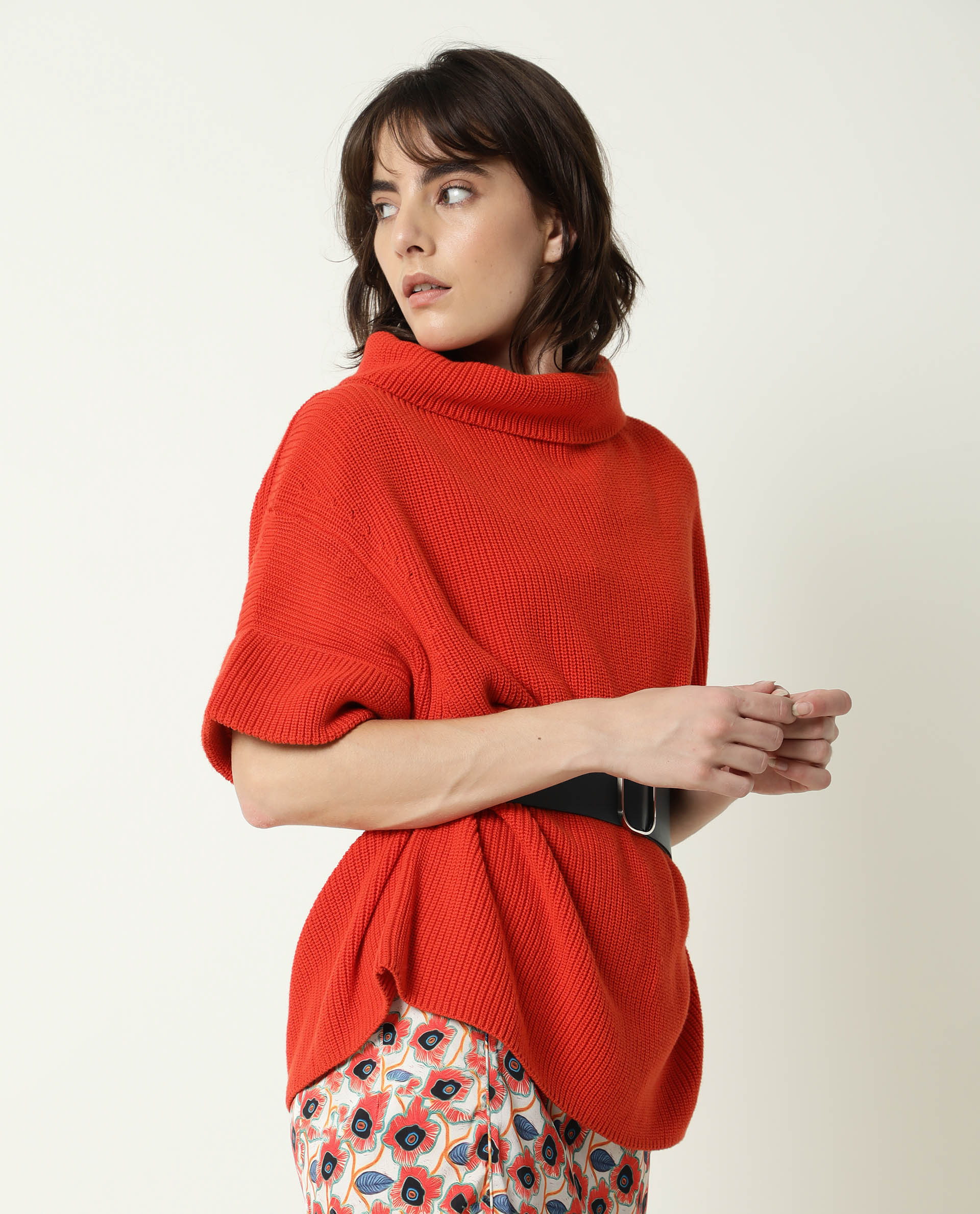 Rareism Women's Daffy Orange Cotton Cowl Neck Plain Cuffed Sleeve Relaxed Fit Sweater