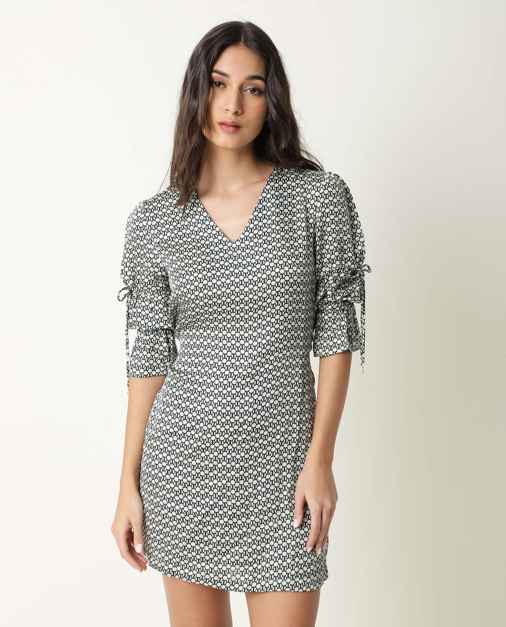 Rareism Women's Cecilia Beige V-Neck Geometric Print Knee Length Regular Fit Dress