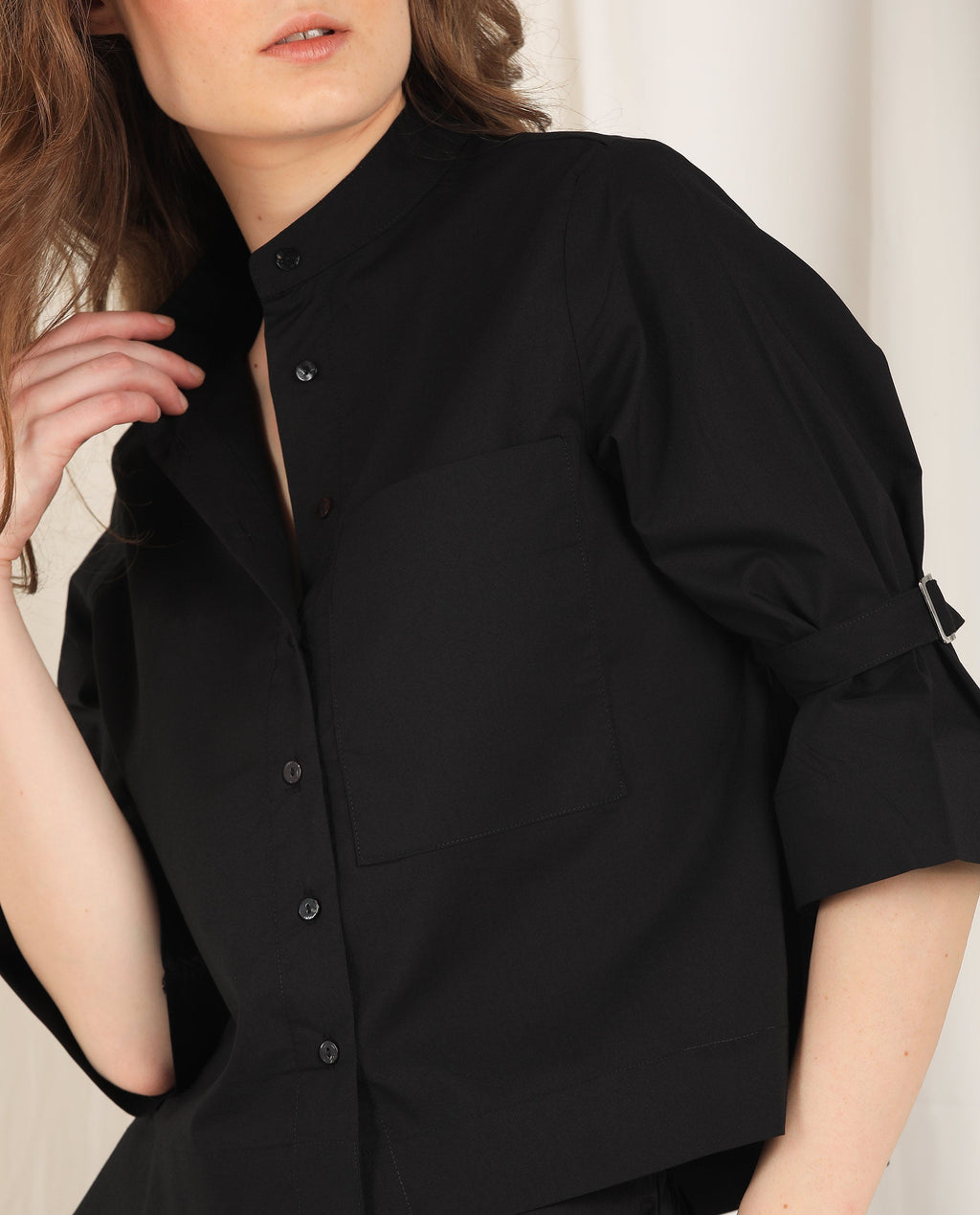 Rareism Women's Sendai Black Mandarin Collar Plain Knee Length Regular Fit Top