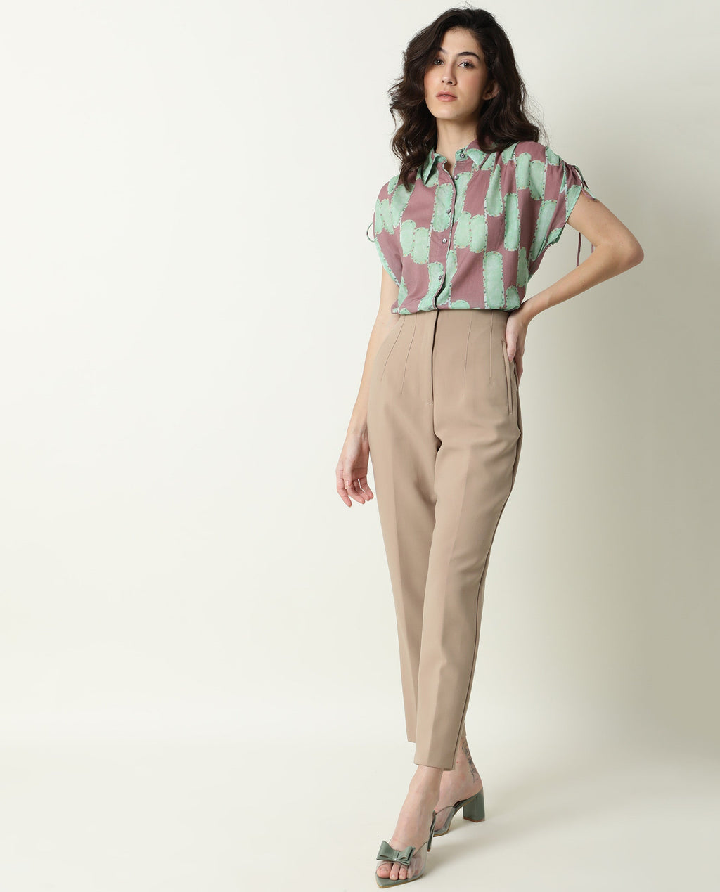 Rareism Women's Hudson Pink Spread Collar Geometric Print Knee Length Relaxed Fit Top