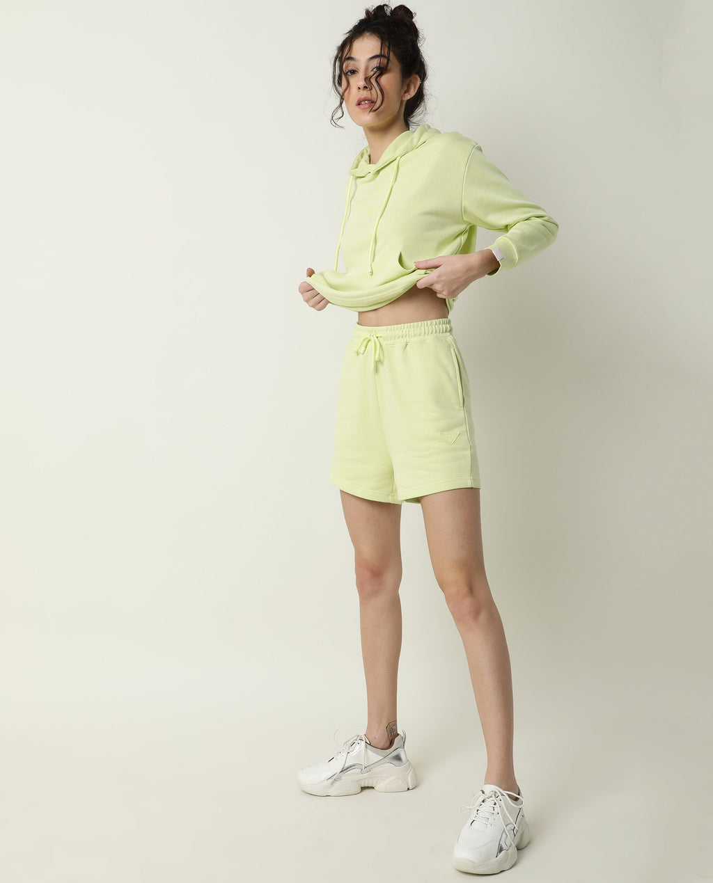 Rareism Women's Spence-1 Lime Green Polyester Blend Plain Mini Regular Fit Shorts