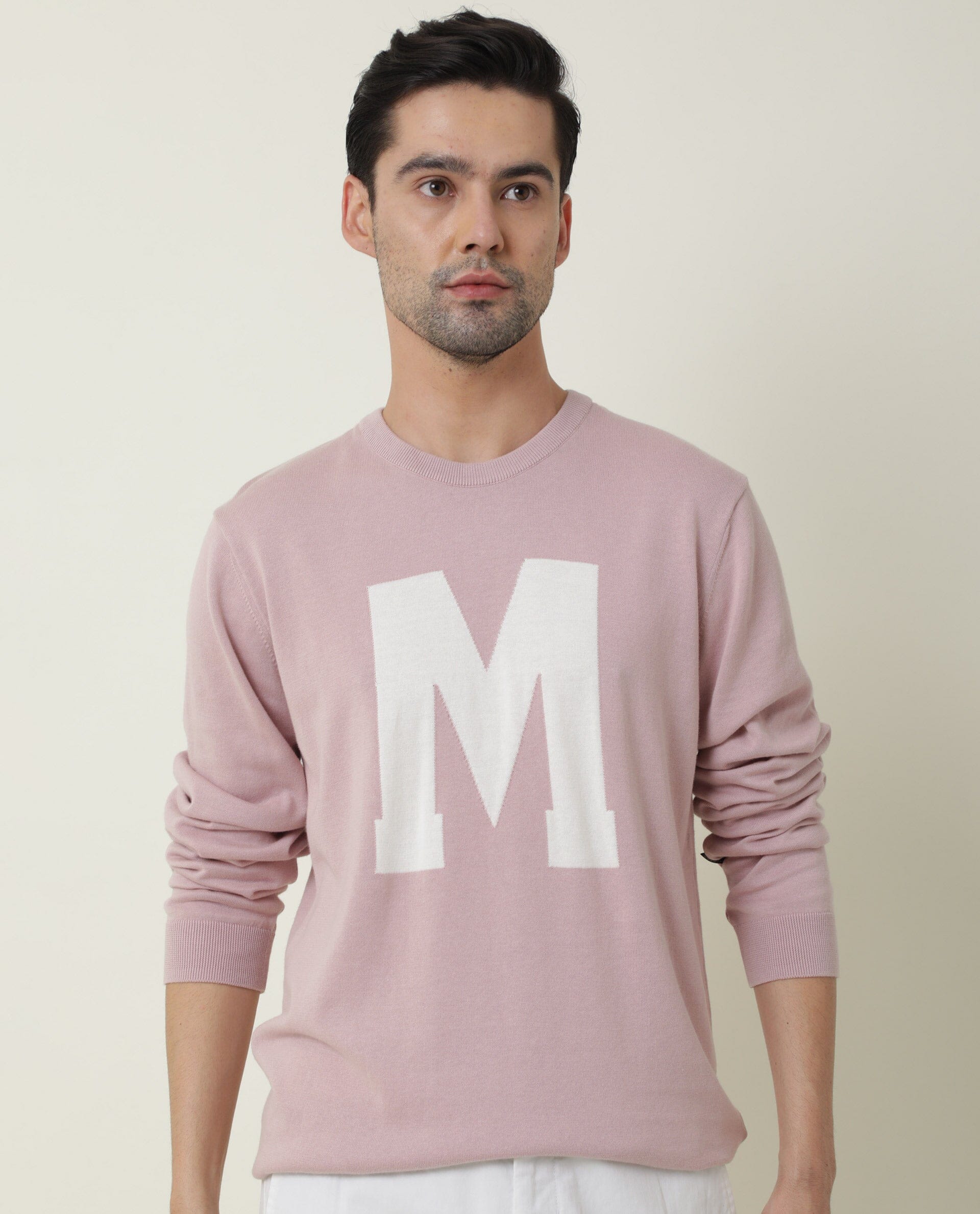 Rare Rabbit Men's Avitt Pink Cotton Jacquard Regular Fit Full Sleeve Crew Neck Sweater