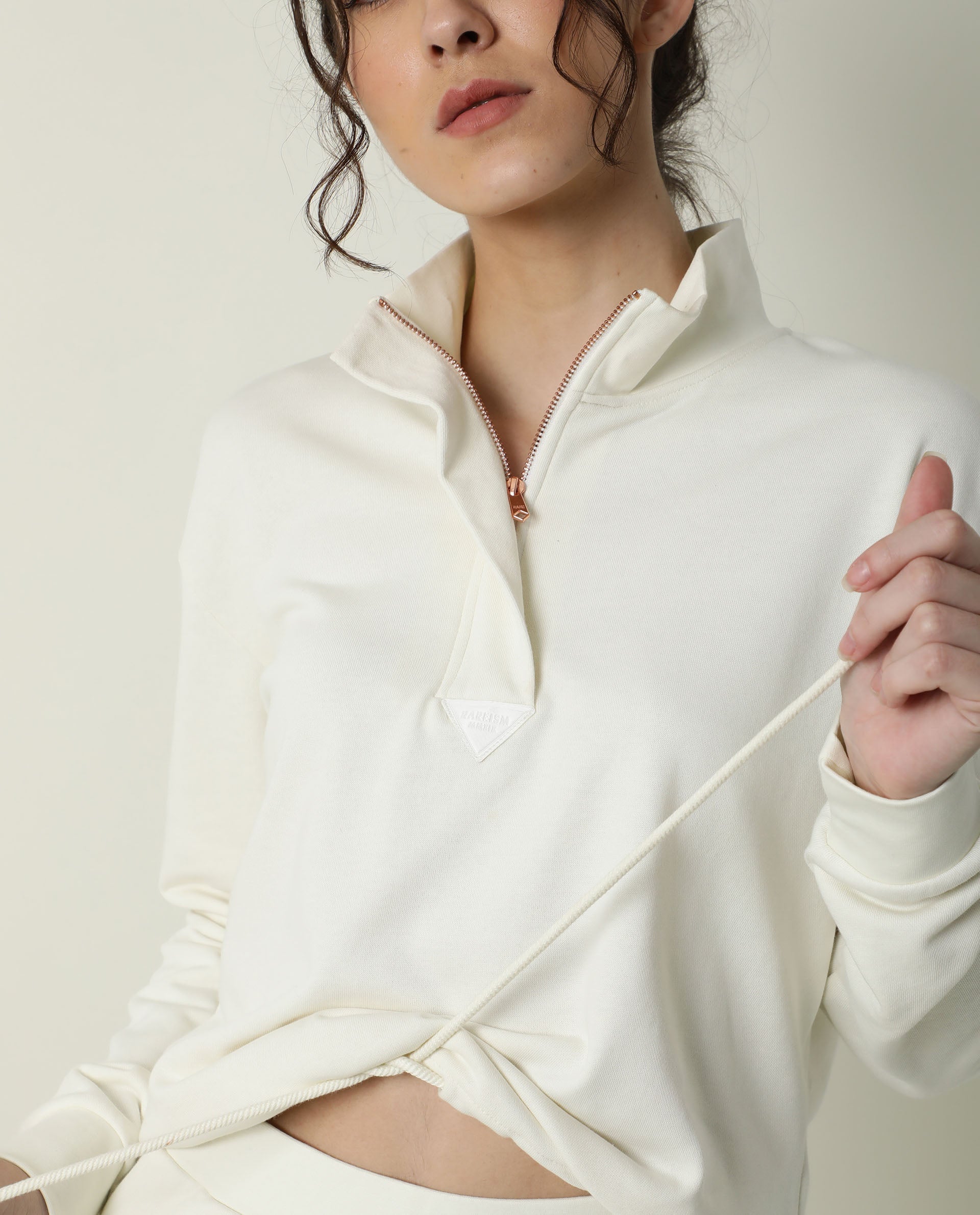 Rareism Women's Taffy-1 Off White High Neck Plain Relaxed Fit Sweatshirt