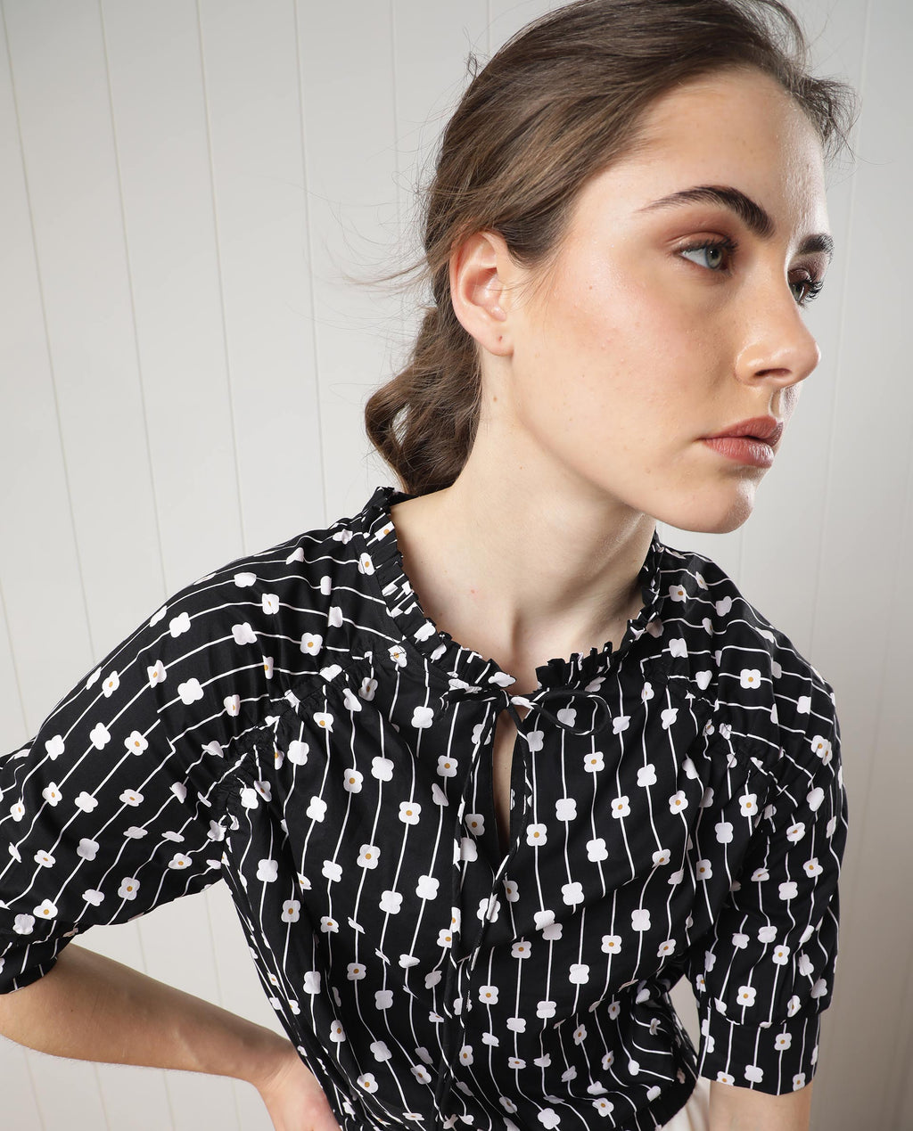 Rareism Women's Jack Black Cotton Tie-Up Neck Floral Print Volume Sleeve Relaxed Fit Top