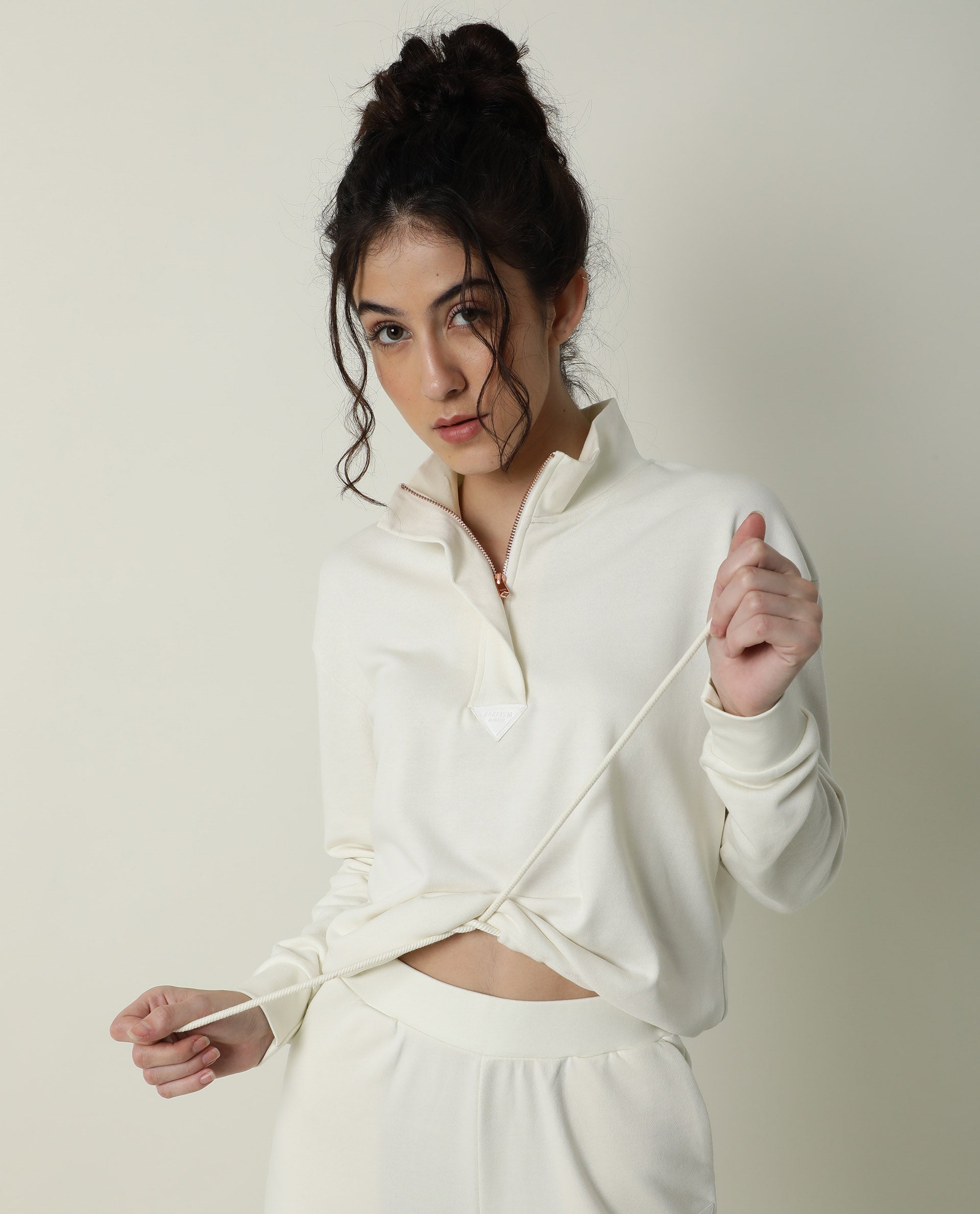 Rareism Women's Taffy-1 Off White High Neck Plain Relaxed Fit Sweatshirt