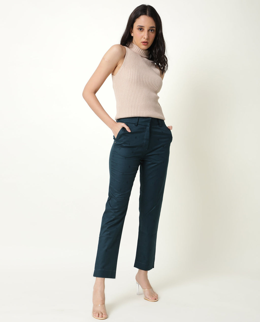 Rareism Women's Odyssey Petrol Viscose Plain Ankle Length Tailored Trouser