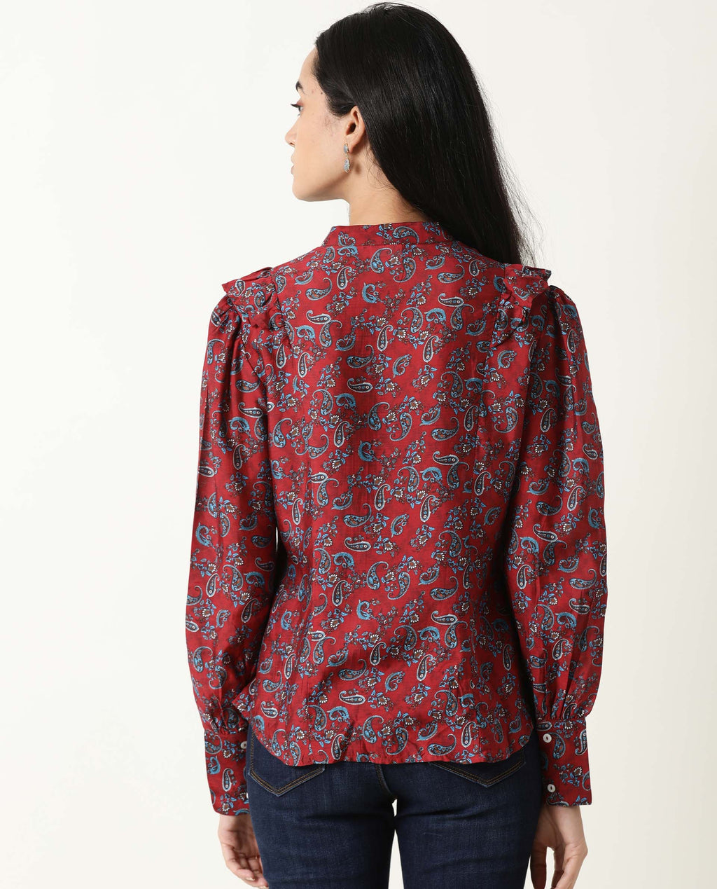 Rareism Women's Pumpkin Maroon Mandarin Collar Embroidered Regular Fit Top