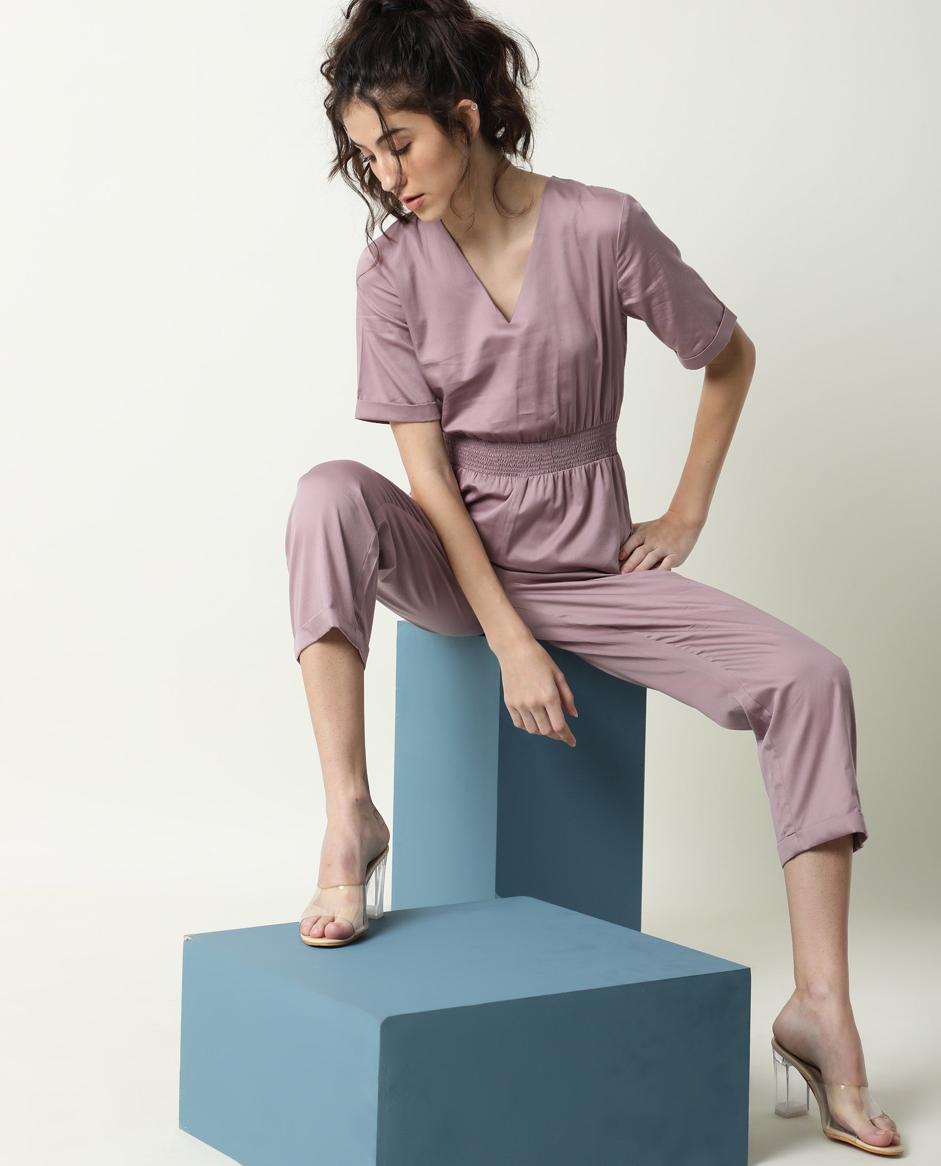 Rareism Women's Husky Pink Cotton Blend V-Neck Plain Ankle Length Regular Fit Jumpsuit