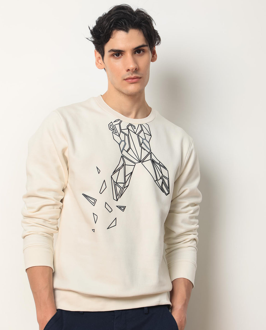 Rare Rabbit Men's Oakk White Graphic Print Regular Fit Full Sleeve Crew Neck Sweatshirt