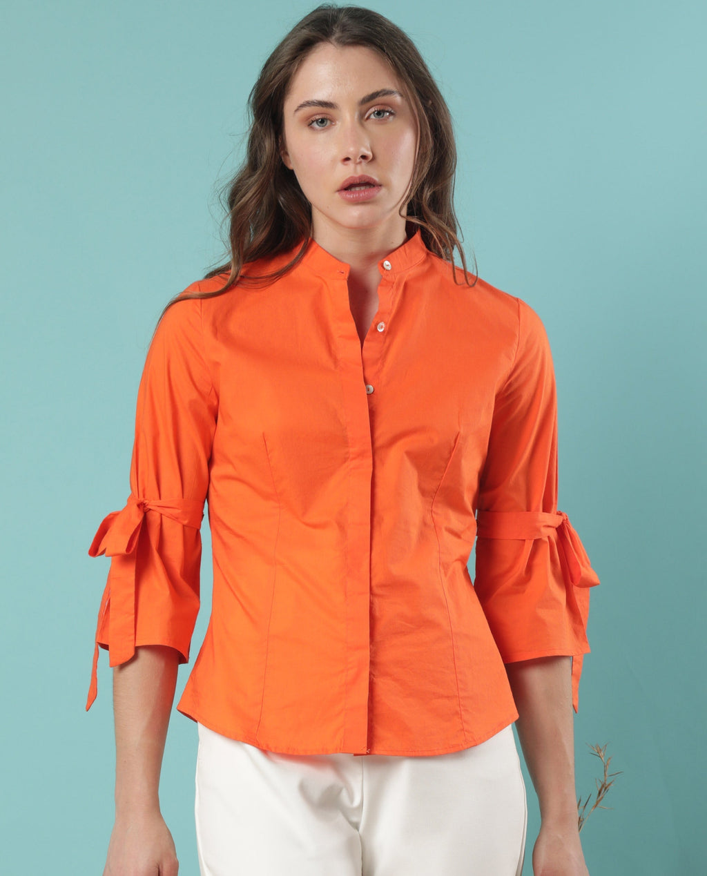 Rareism Women's Tips Orange Cotton Mandarin Collar Plain Regular Fit Top