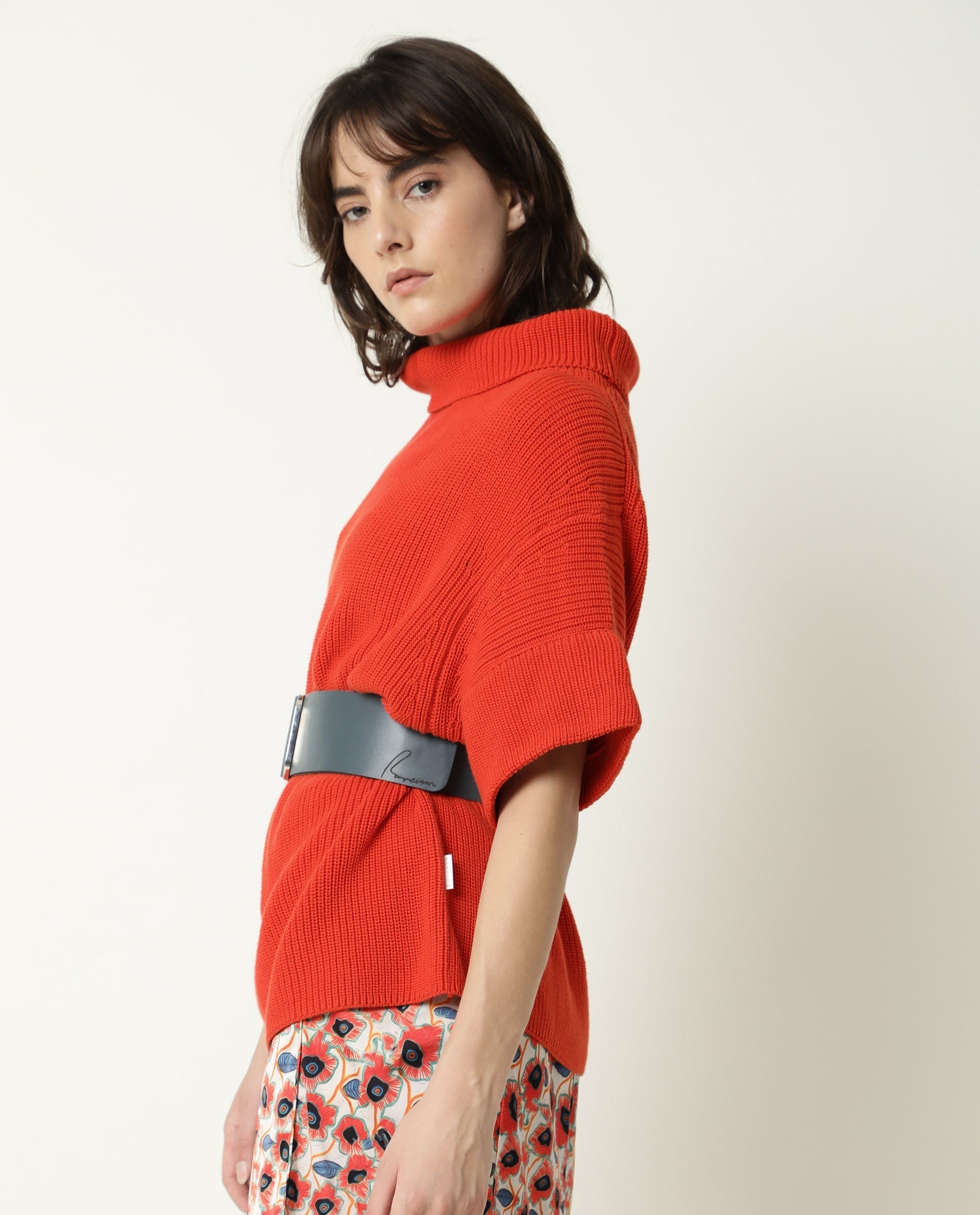 Rareism Women's Daffy Orange Cotton Cowl Neck Plain Cuffed Sleeve Relaxed Fit Sweater