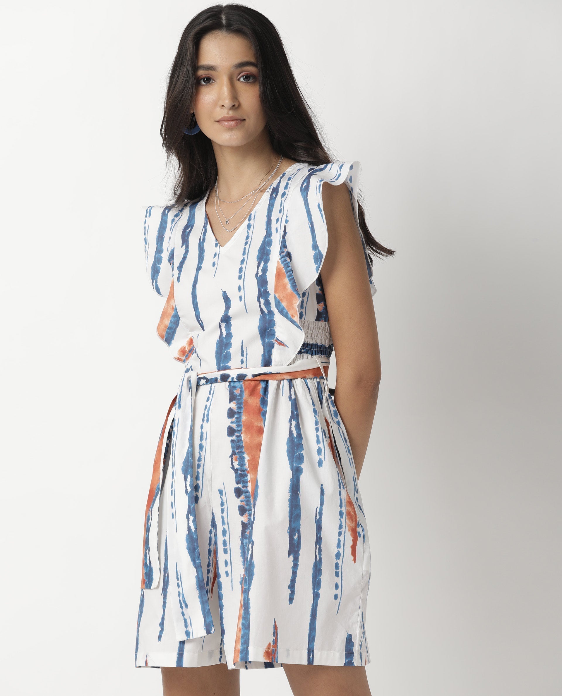 Rareism Women's Camera Offwhite Cotton V-Neck Abstract Print Sleeveless Regular Fit Playsuit
