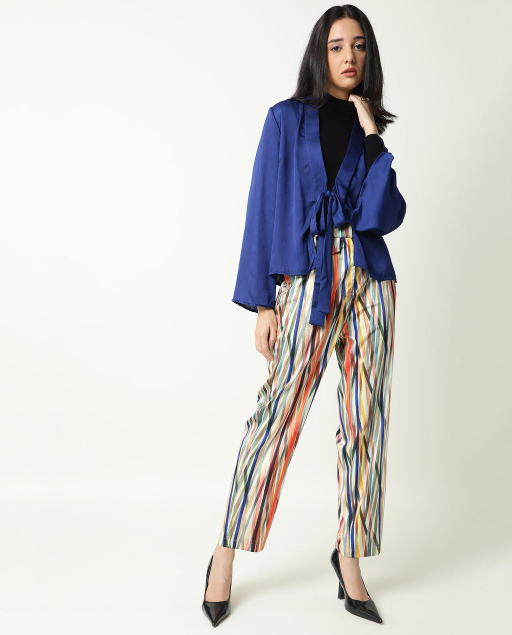 Rareism Women's Cuff Blue Polyester Shawl Neck Regular Fit Outer Wear