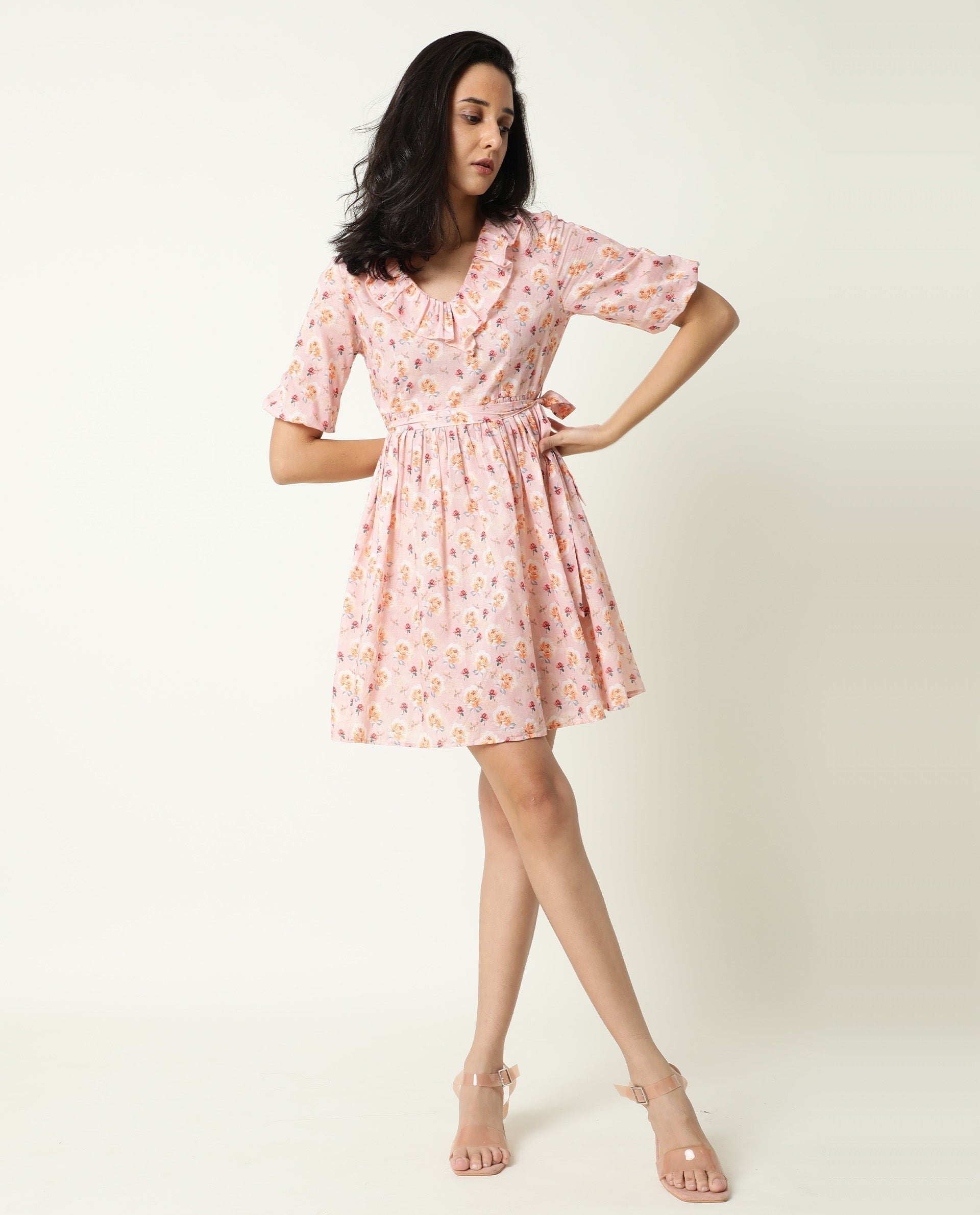 Rareism Women's Verna Pink Cotton V-Neck Floral Print Balloon Sleeve Knee Length Regular Fit Dress