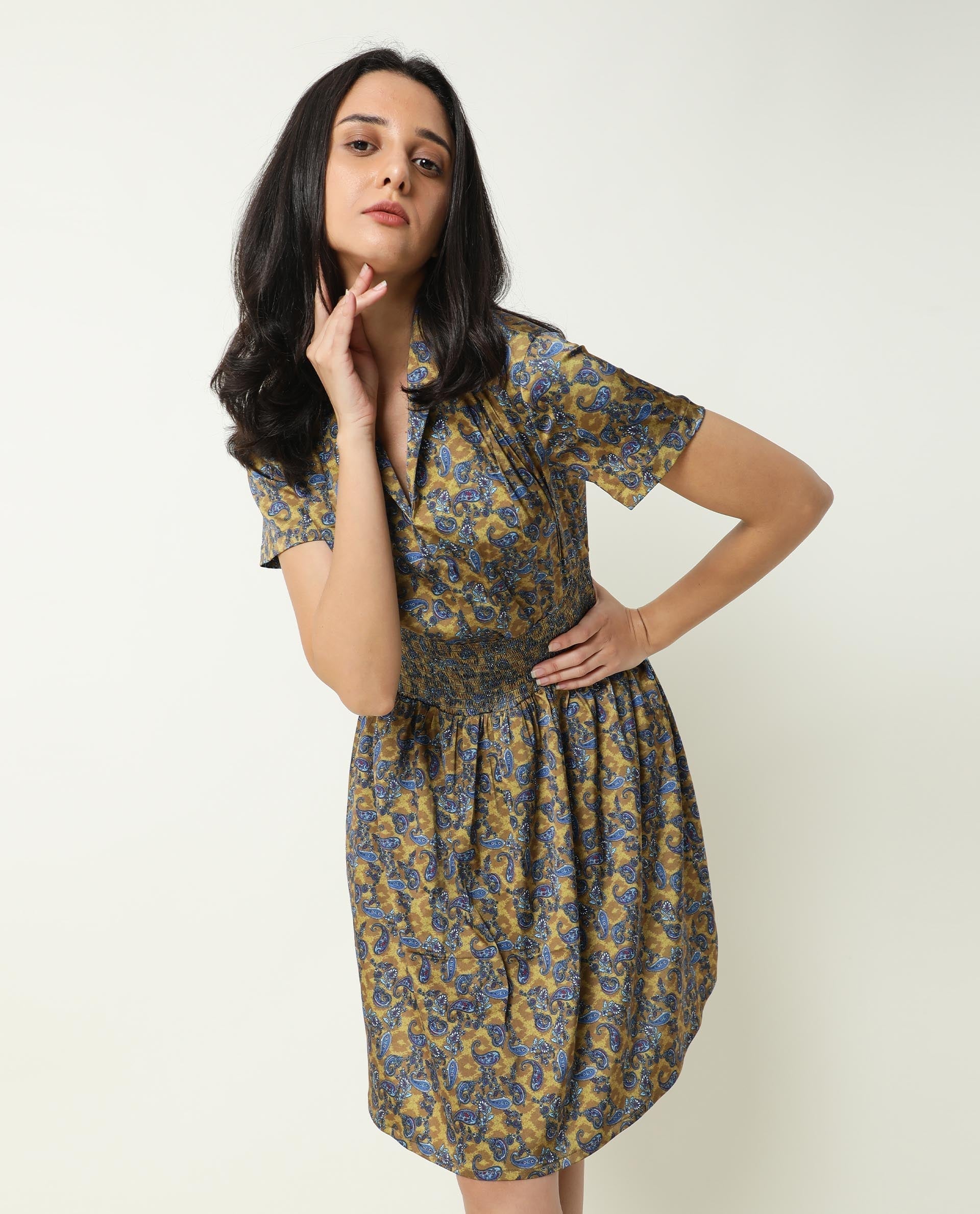 Rareism Women's Joss-Olive Modal V-Neck Abstract Print Mini Regular Fit Dress