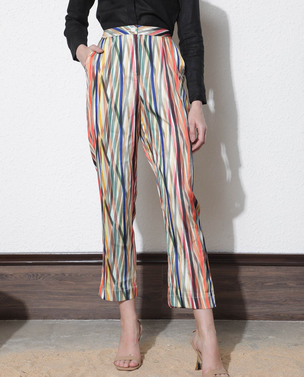 Rareism Women's Ransom Multi Modal Striped Ankle Length Tailored Trouser