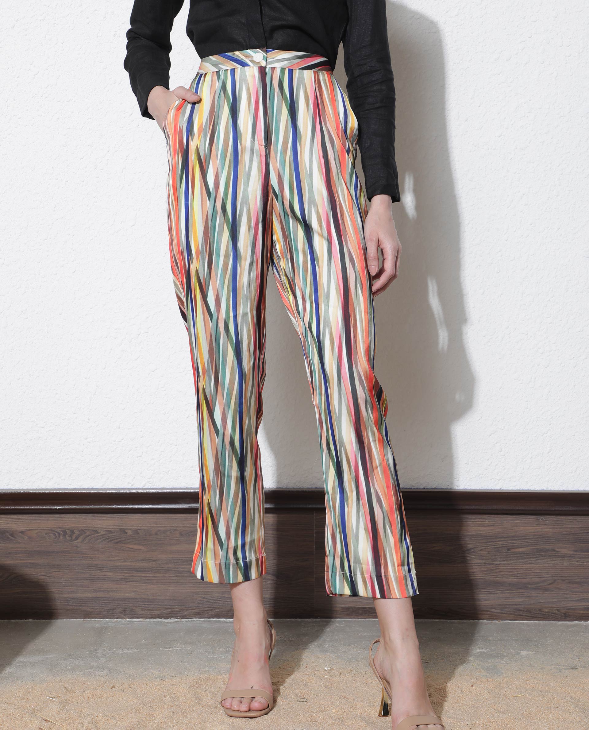 Rareism Women's Ransom Multi Modal Striped Ankle Length Tailored Trouser
