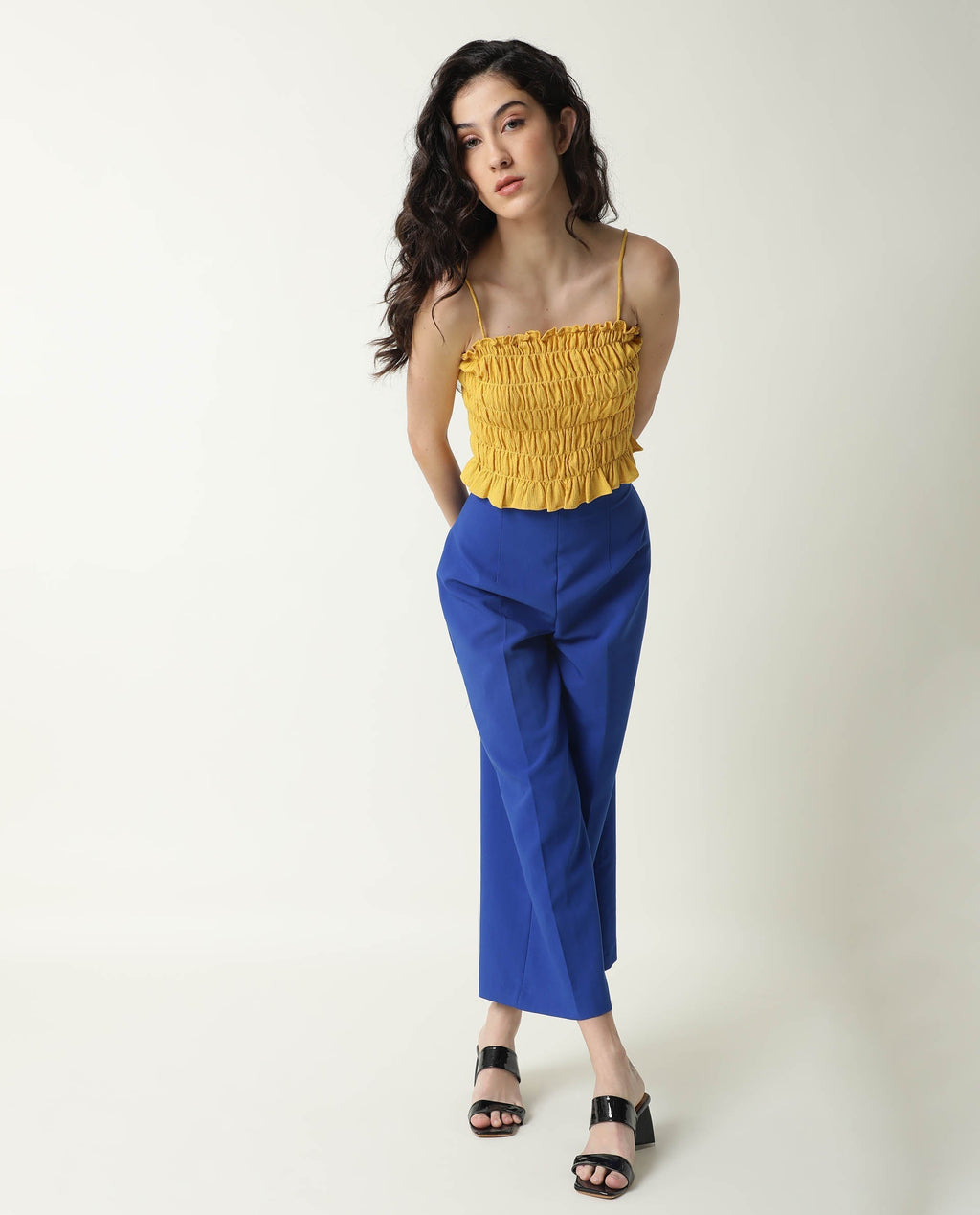 Rareism Women's Declan Yellow Tube Neck Plain Sleeveless Knee Length Tailored Top