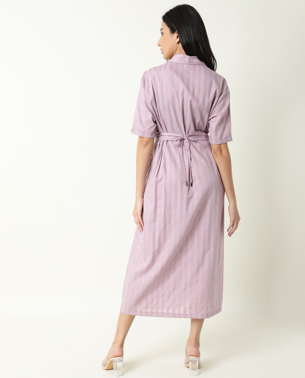 Rareism Women's Paris Pink Spread Collar Striped Knee Length Regular Fit Dress