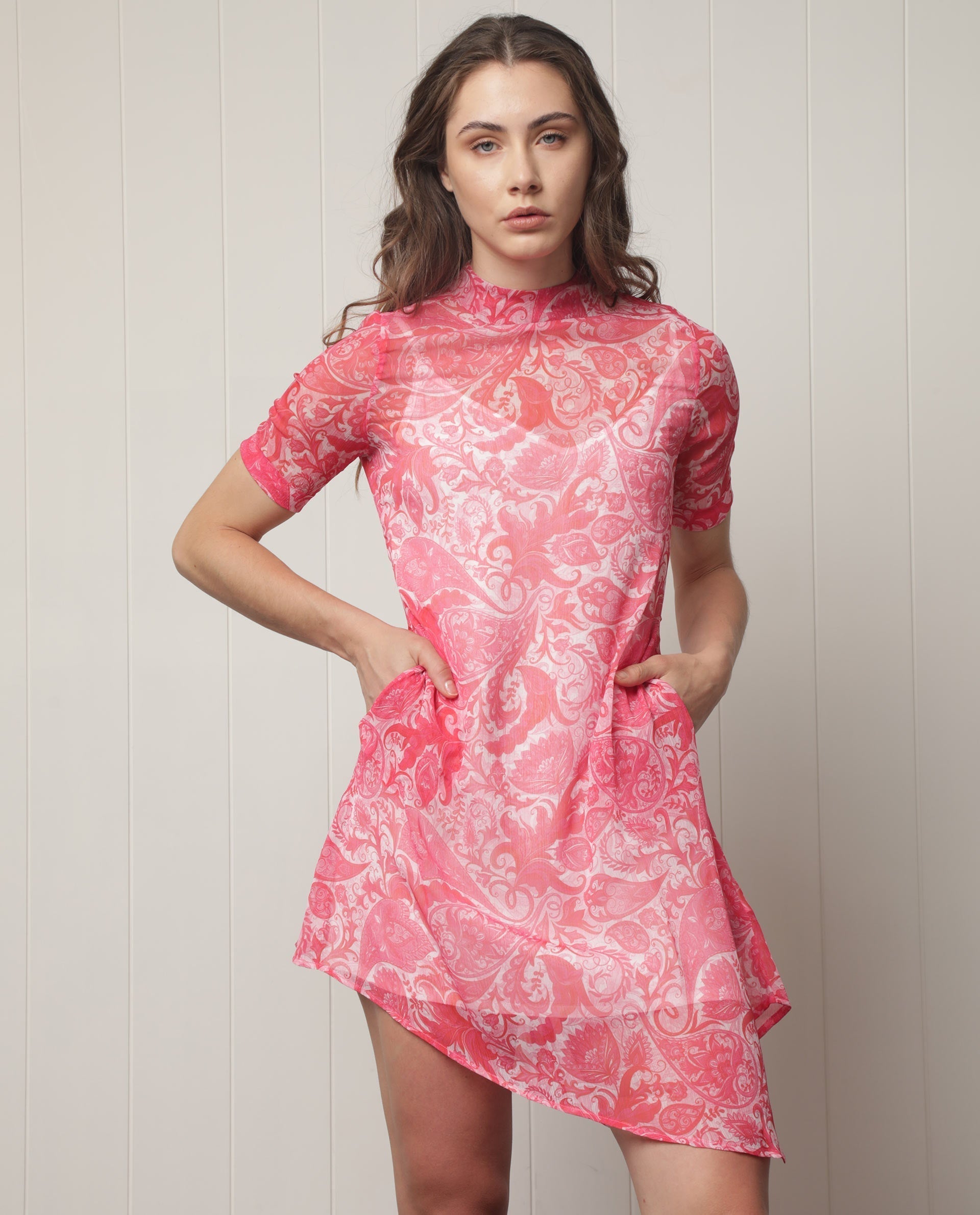 Rareism Women's Beryl Pink Polyester High Neck Paisley Print Knee Length Regular Fit Dress