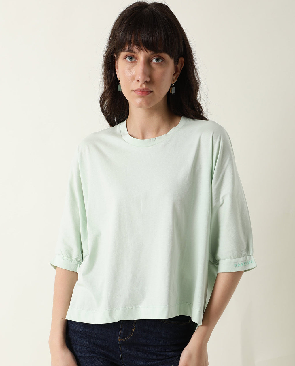 Rareism Women's Osmo Green Crew Neck Plain Knee Length Tailored Top