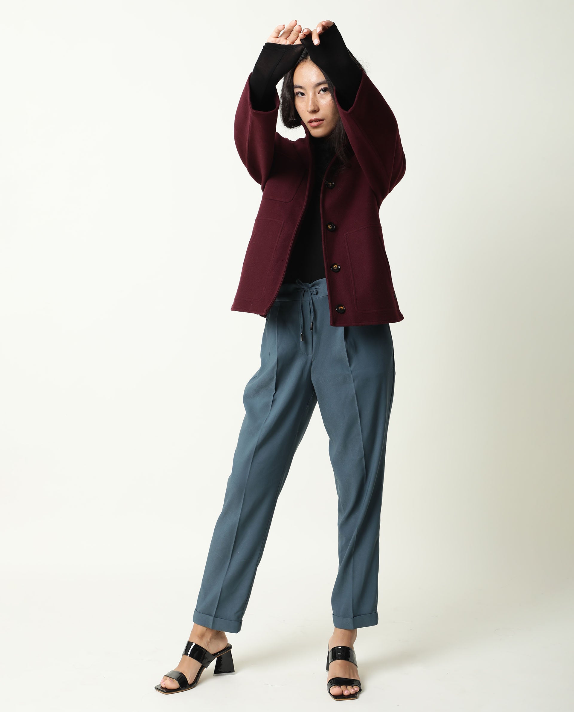 Rareism Women's Jeremiah Petrol Polyester Blend Plain Ankle Length Tailored Trouser