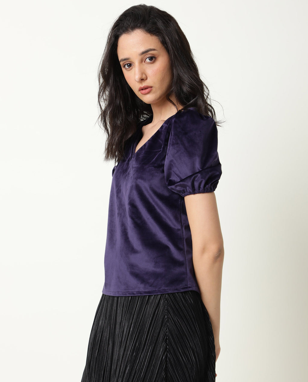 Rareism Women's Mun Navy V-Neck Plain Puff Sleeves Knee Length Regular Fit Top