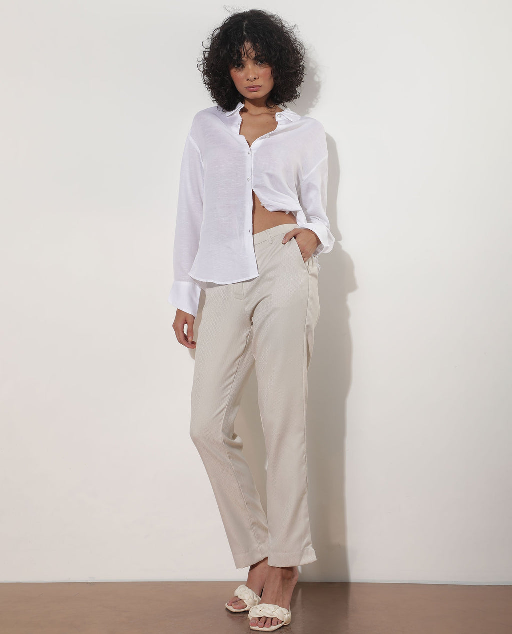 Rareism Women's Maeve Beige Polyester Blend Plain Ankle Length Tailored Trouser