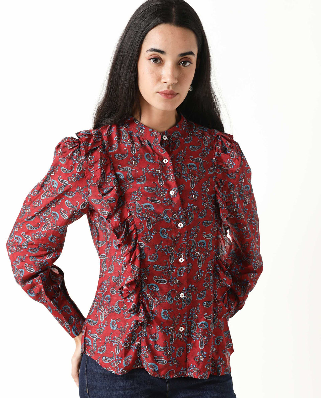 Rareism Women's Pumpkin Maroon Mandarin Collar Embroidered Regular Fit Top
