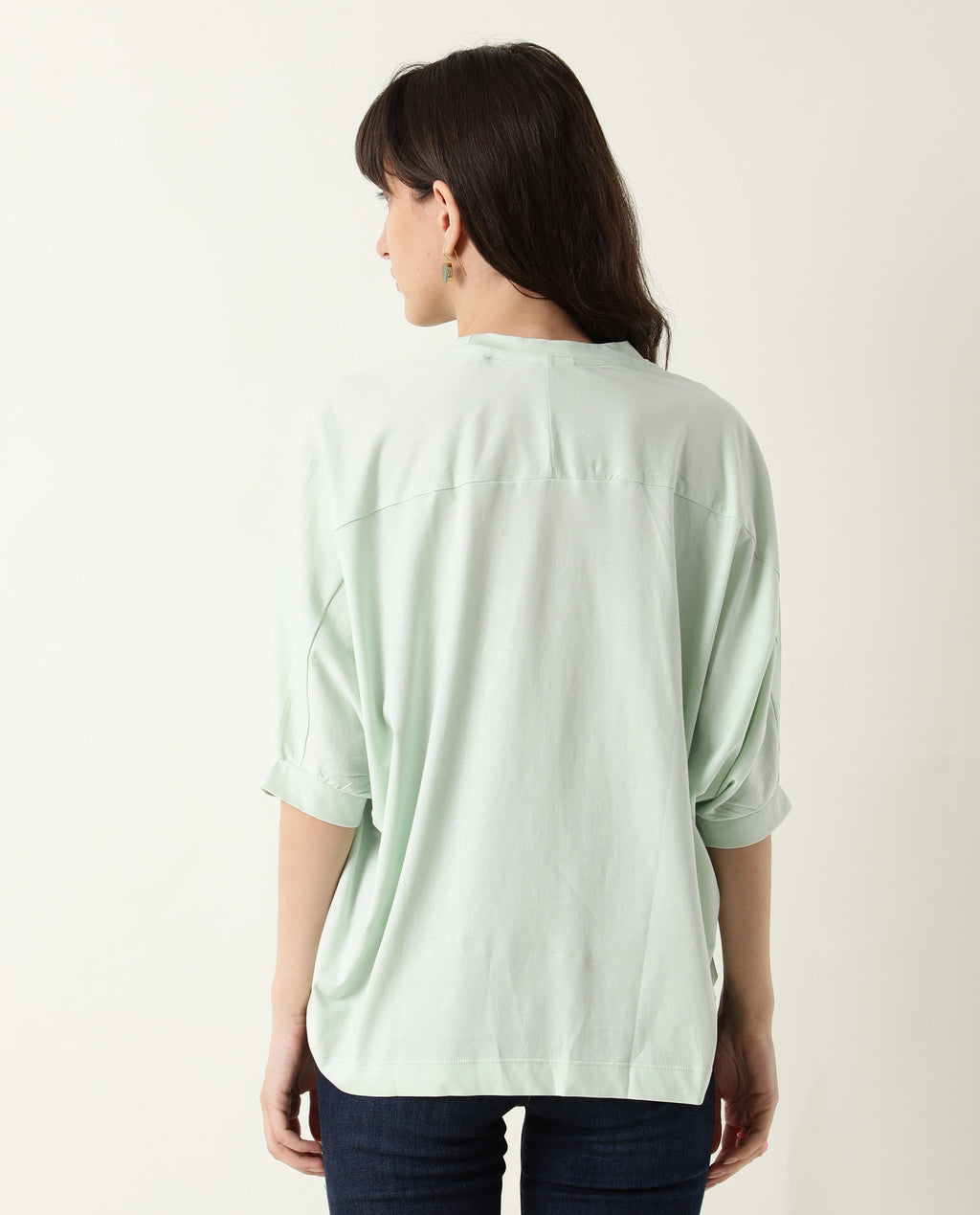 Rareism Women's Osmo Green Crew Neck Plain Knee Length Tailored Top