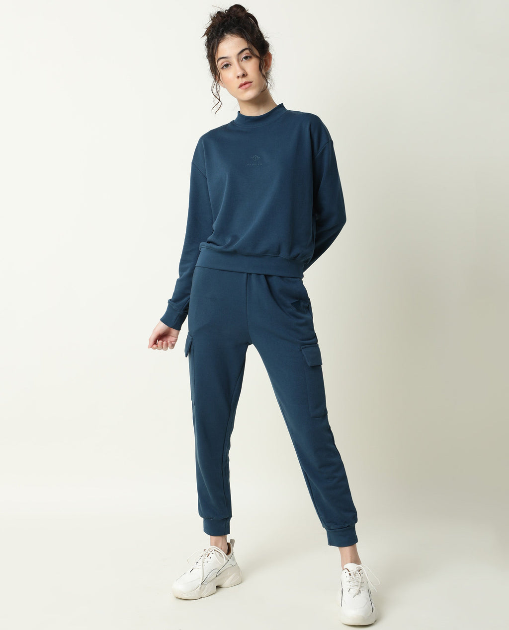 Rareism Women's Necker Petrol High Neck Plain Relaxed Fit Sweatshirt