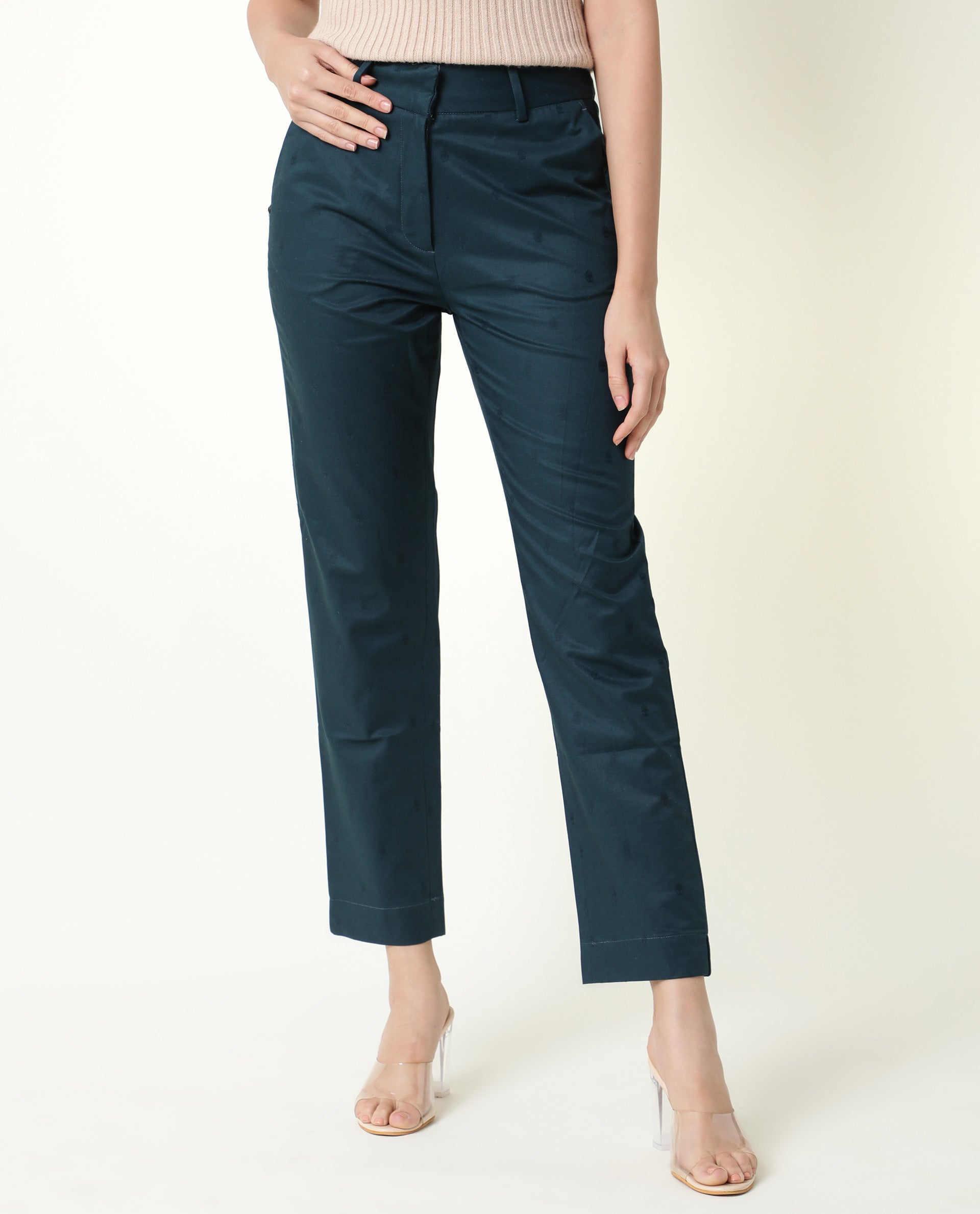 Rareism Women's Odyssey Petrol Viscose Plain Ankle Length Tailored Trouser