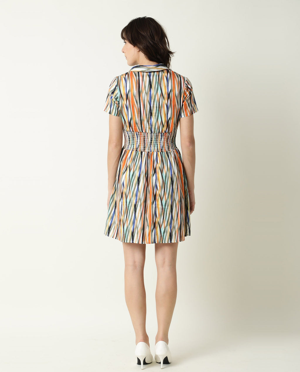 Rareism Women's Shallom Multi V-Neck Abstract Print Knee Length Regular Fit Dress