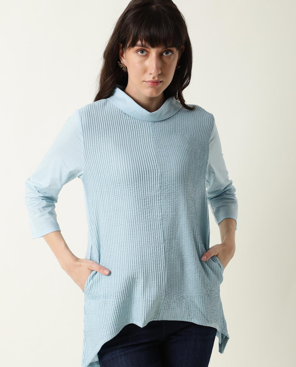 Rareism Women's Printol Blue Cotton Turtle Neck Plain Regular Fit Top