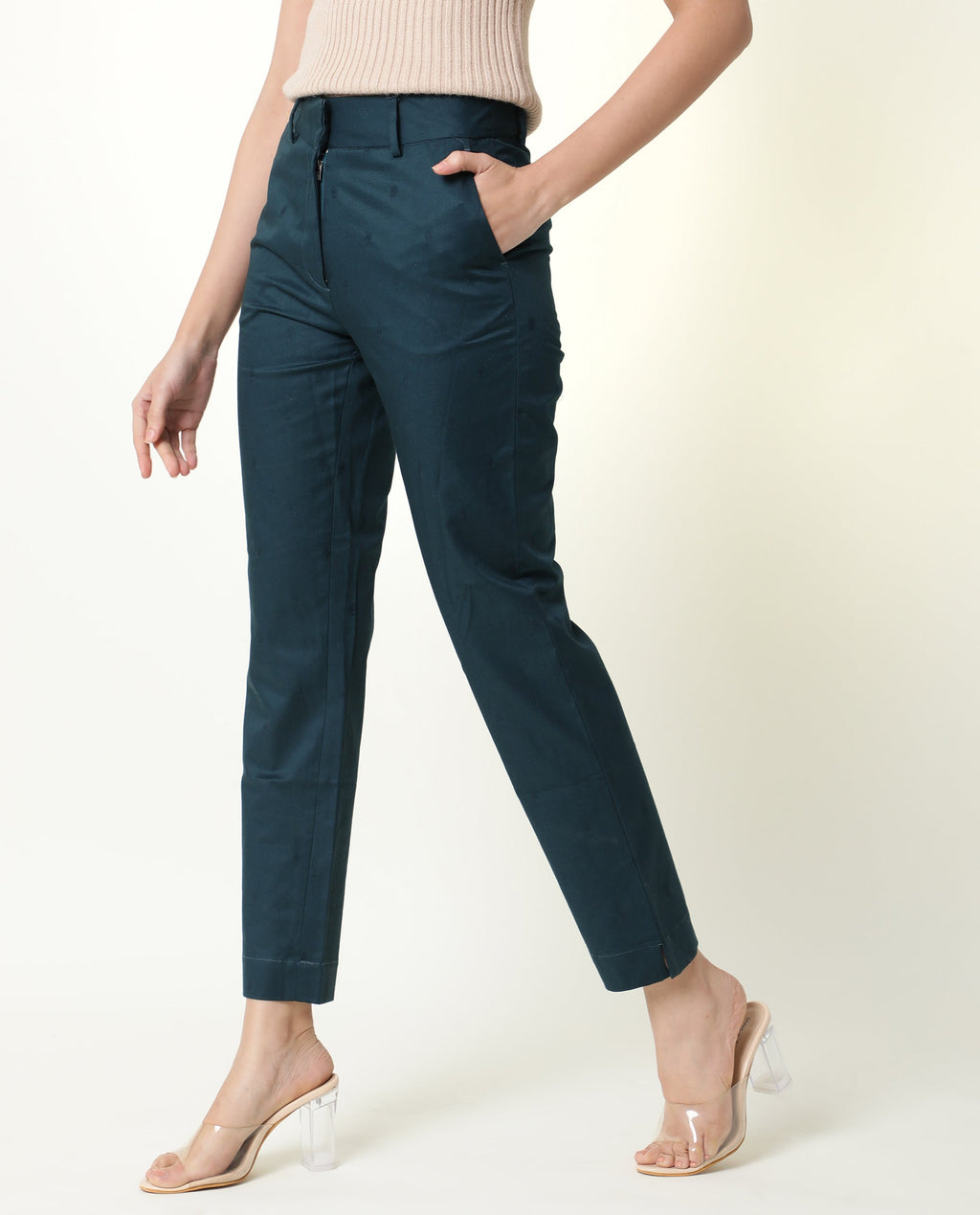 Rareism Women's Odyssey Petrol Viscose Plain Ankle Length Tailored Trouser