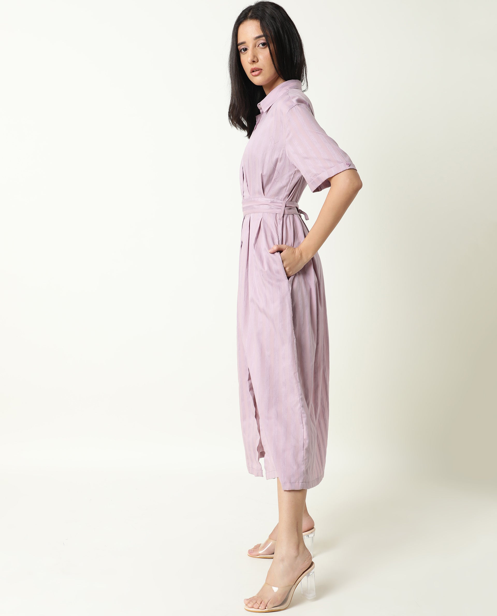 Rareism Women's Paris Pink Spread Collar Striped Knee Length Regular Fit Dress