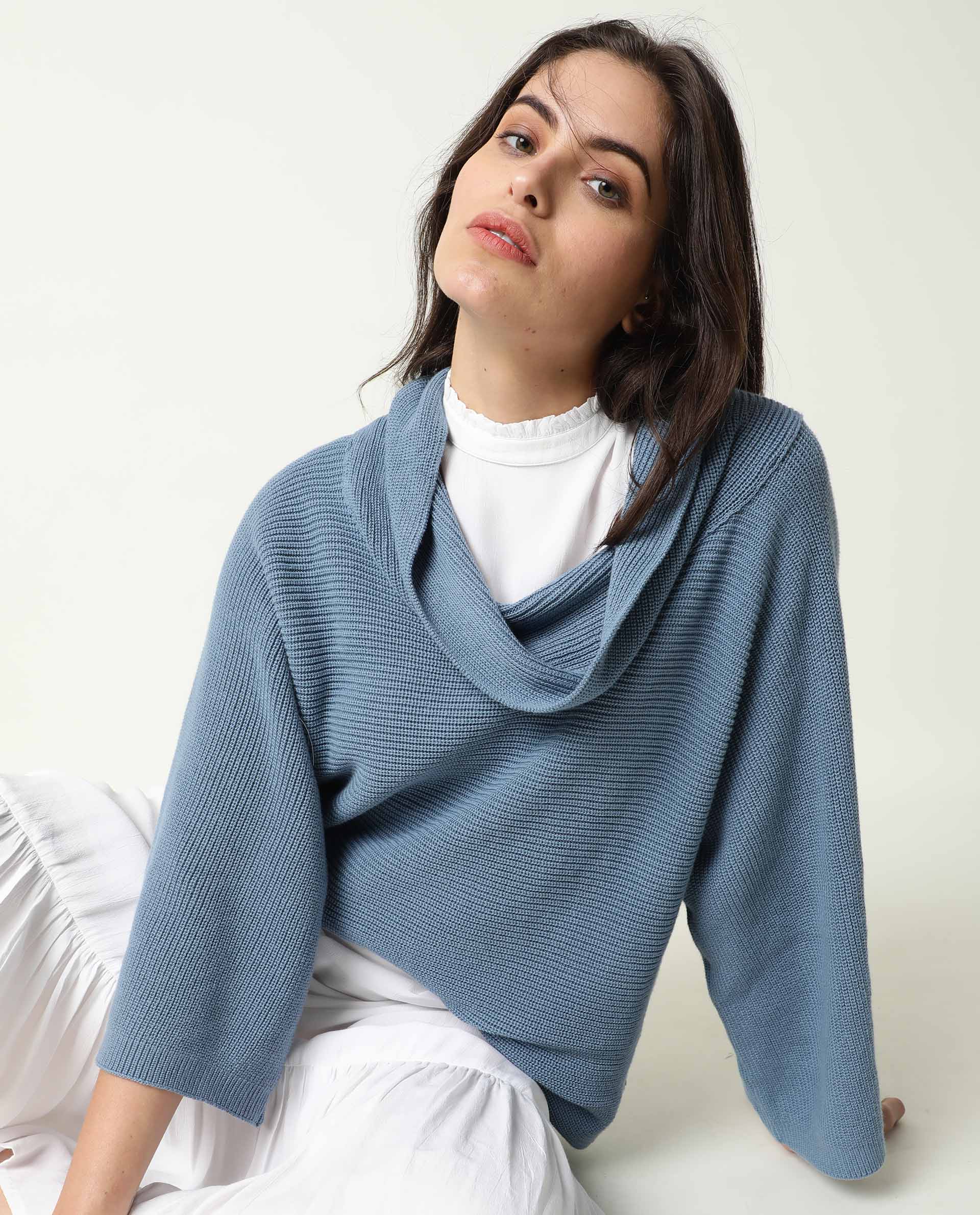 Rareism Women's Cleo Blue Cowl Neck Plain Relaxed Fit Sweater