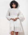 Rareism Women's Darmini White Cotton Crew Neck Plain Puff Sleeves Knee Length Relaxed Fit Dress