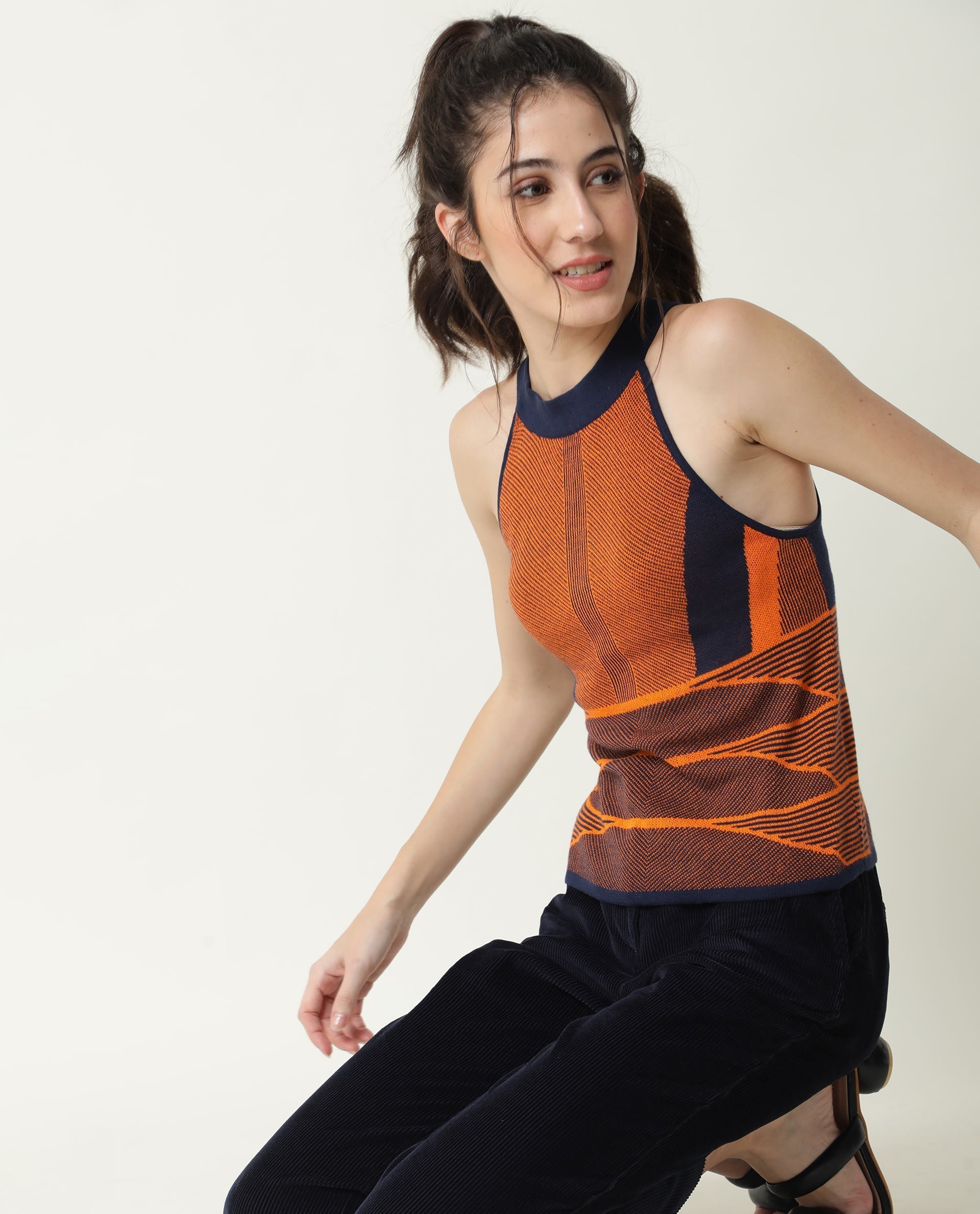 Rareism Women's Lila Orange Cotton Halter Neck Textured Sleeveless Regular Fit Sweater