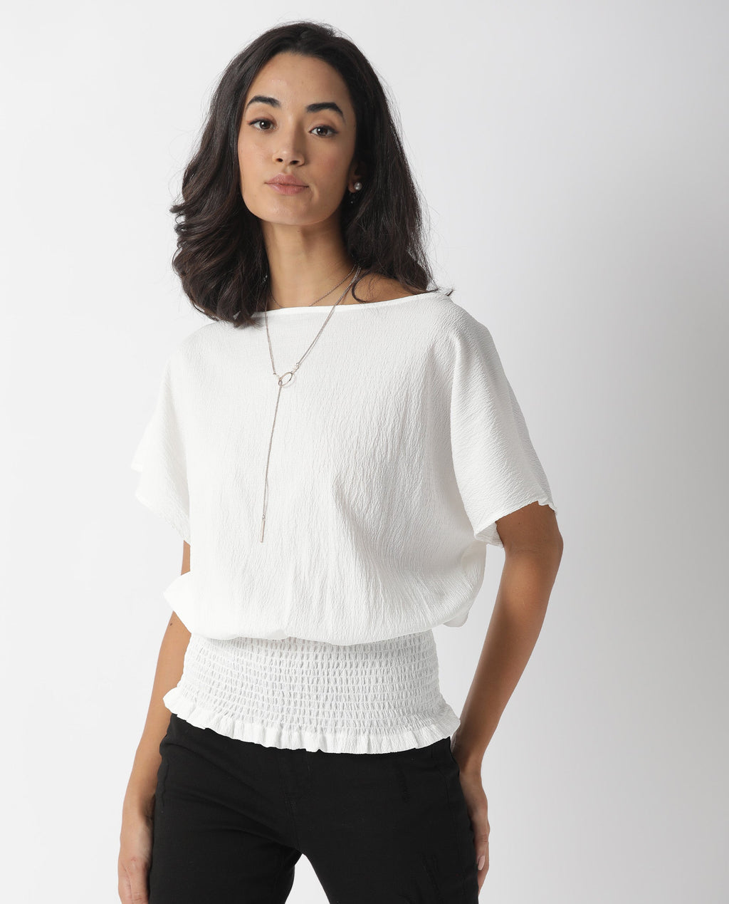 Rareism Women's Battle White Boat Neck Plain Tailored Top