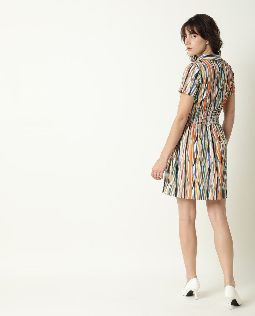 Rareism Women's Shallom Multi V-Neck Abstract Print Knee Length Regular Fit Dress