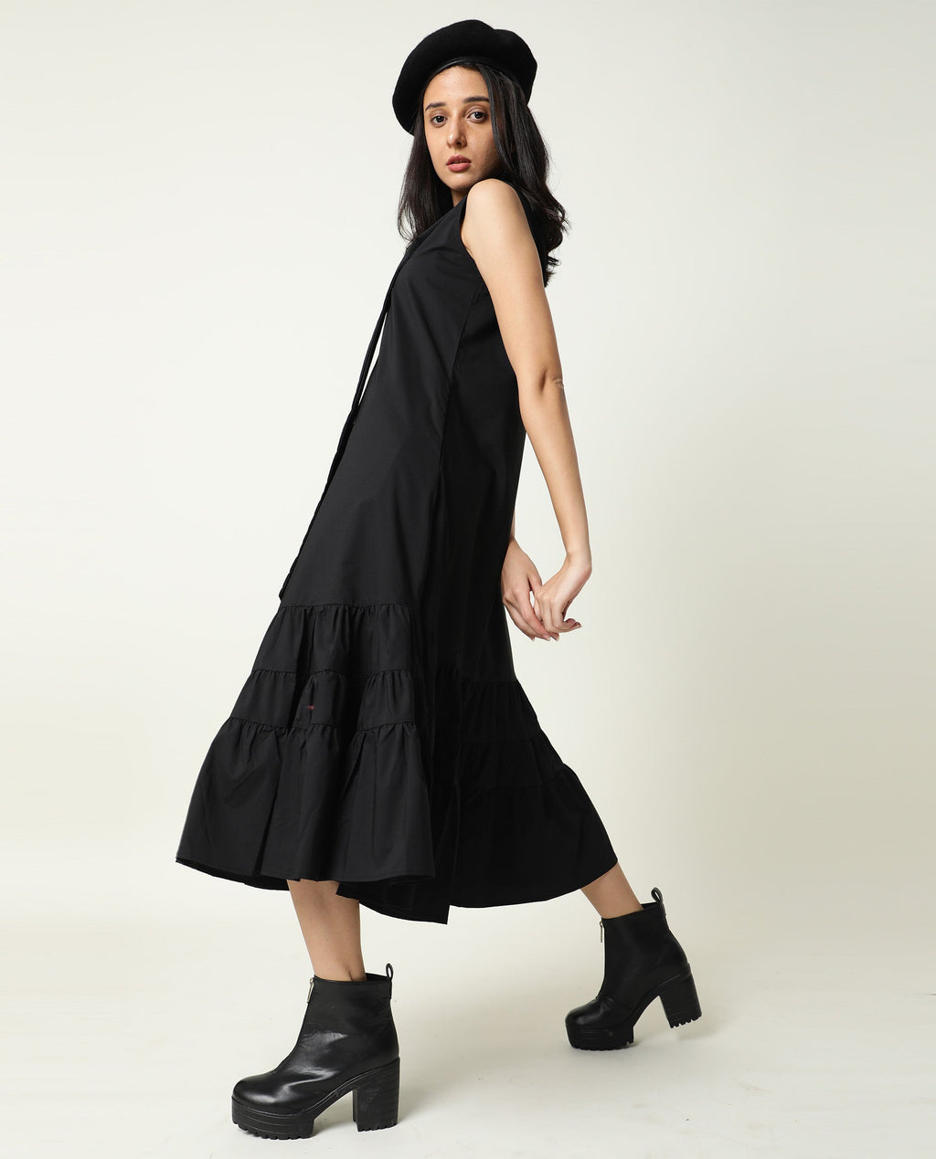 Rareism Women's Gino Black Polyester Blend Tie-Up Neck Plain Sleeveless Knee Length Regular Fit Dress