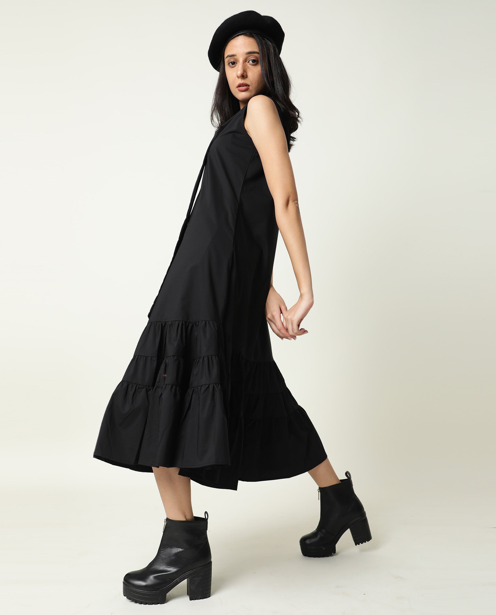 Rareism Women's Gino Black Polyester Blend Tie-Up Neck Plain Sleeveless Knee Length Regular Fit Dress
