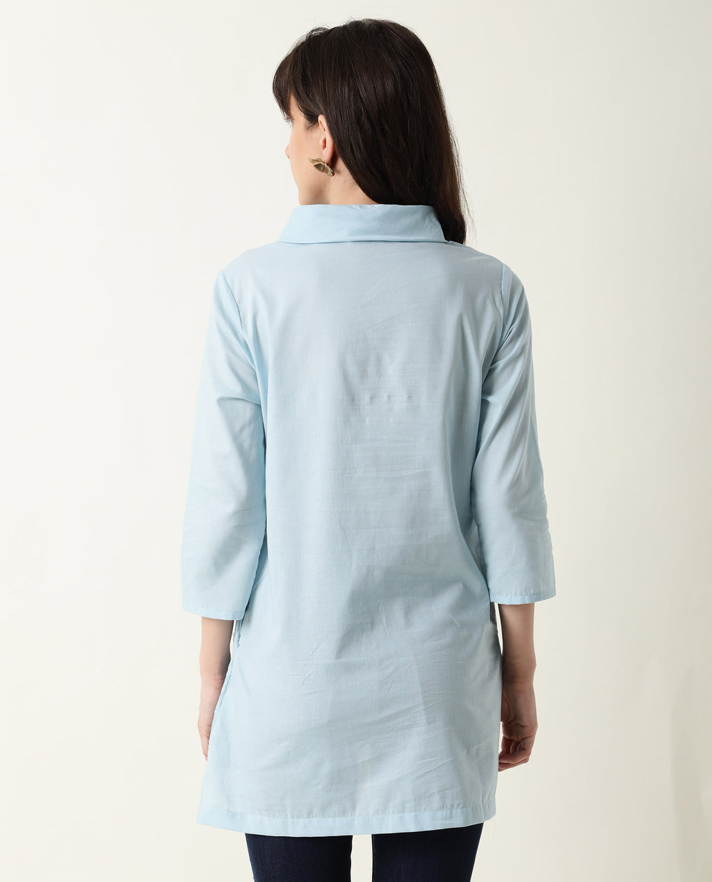 Rareism Women's Printol Blue Cotton Turtle Neck Plain Regular Fit Top