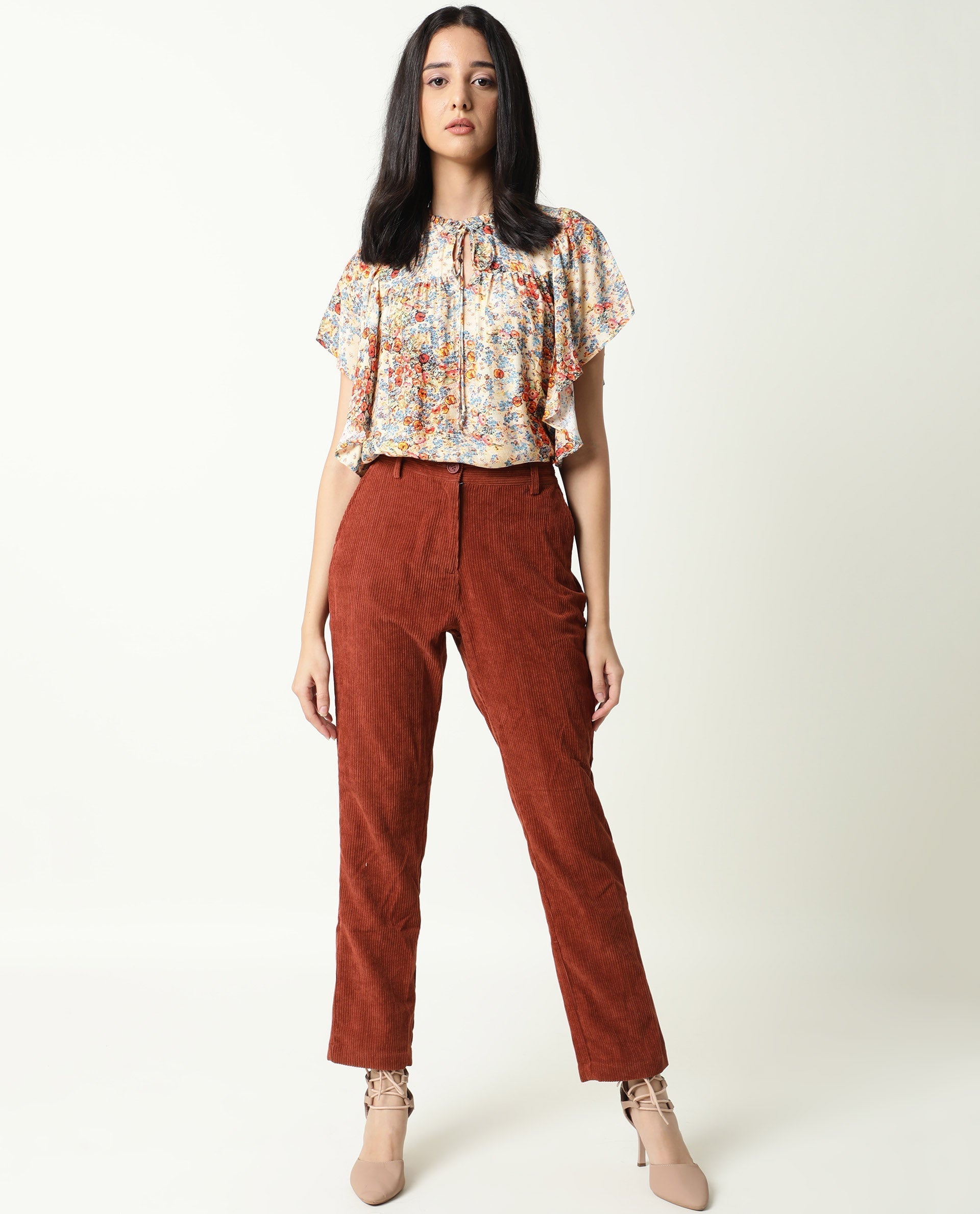 Rareism Women's Nigel Offwhite Cotton Blend Tie-Up Neck Floral Print Ruffled Sleeve Relaxed Fit Top