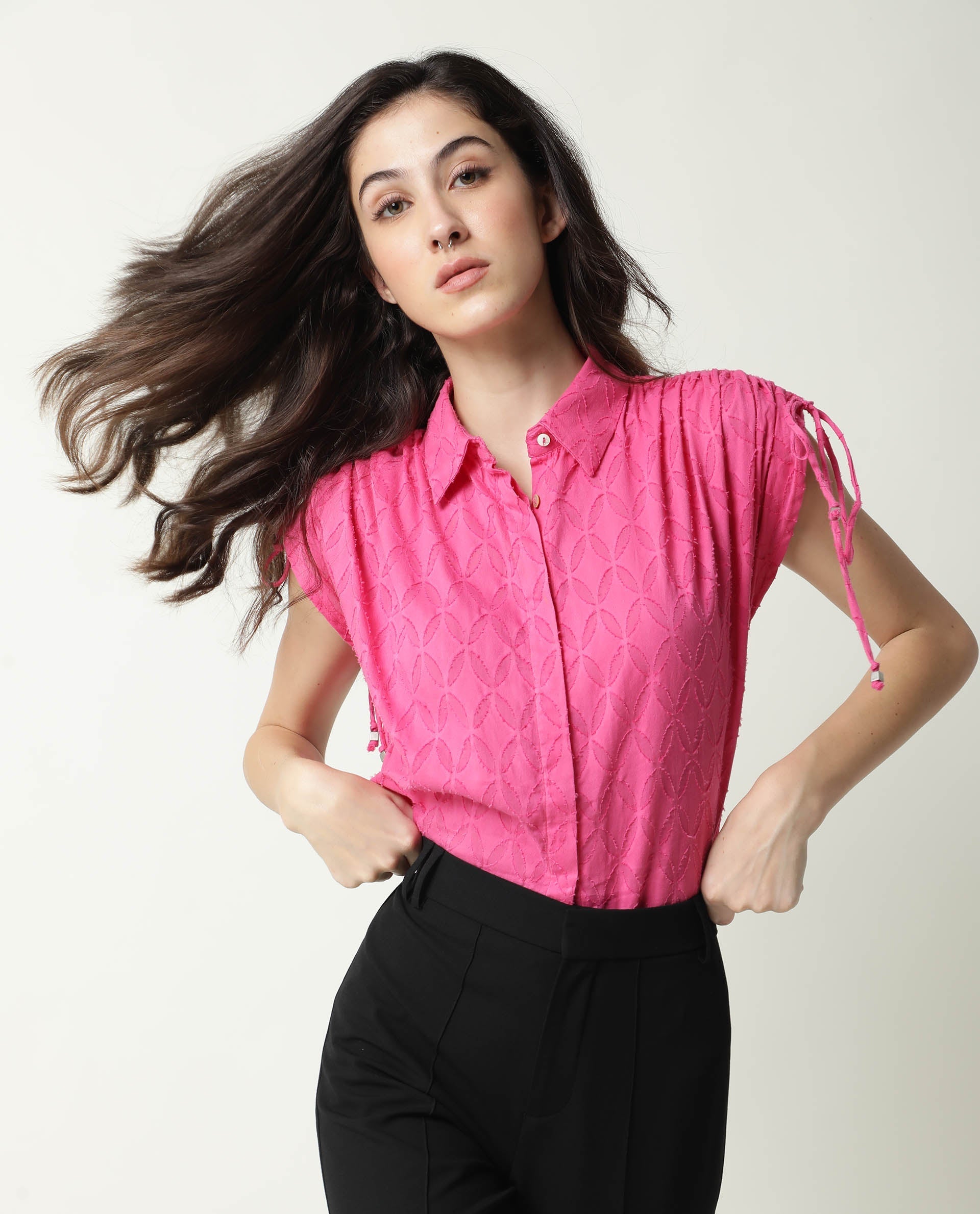 Rareism Womens Majesty Pink Top Cotton Fabric Comfortable Fit Half Sleeve Collared Neck