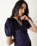 Rareism Women's Mun Navy V-Neck Plain Puff Sleeves Knee Length Regular Fit Top