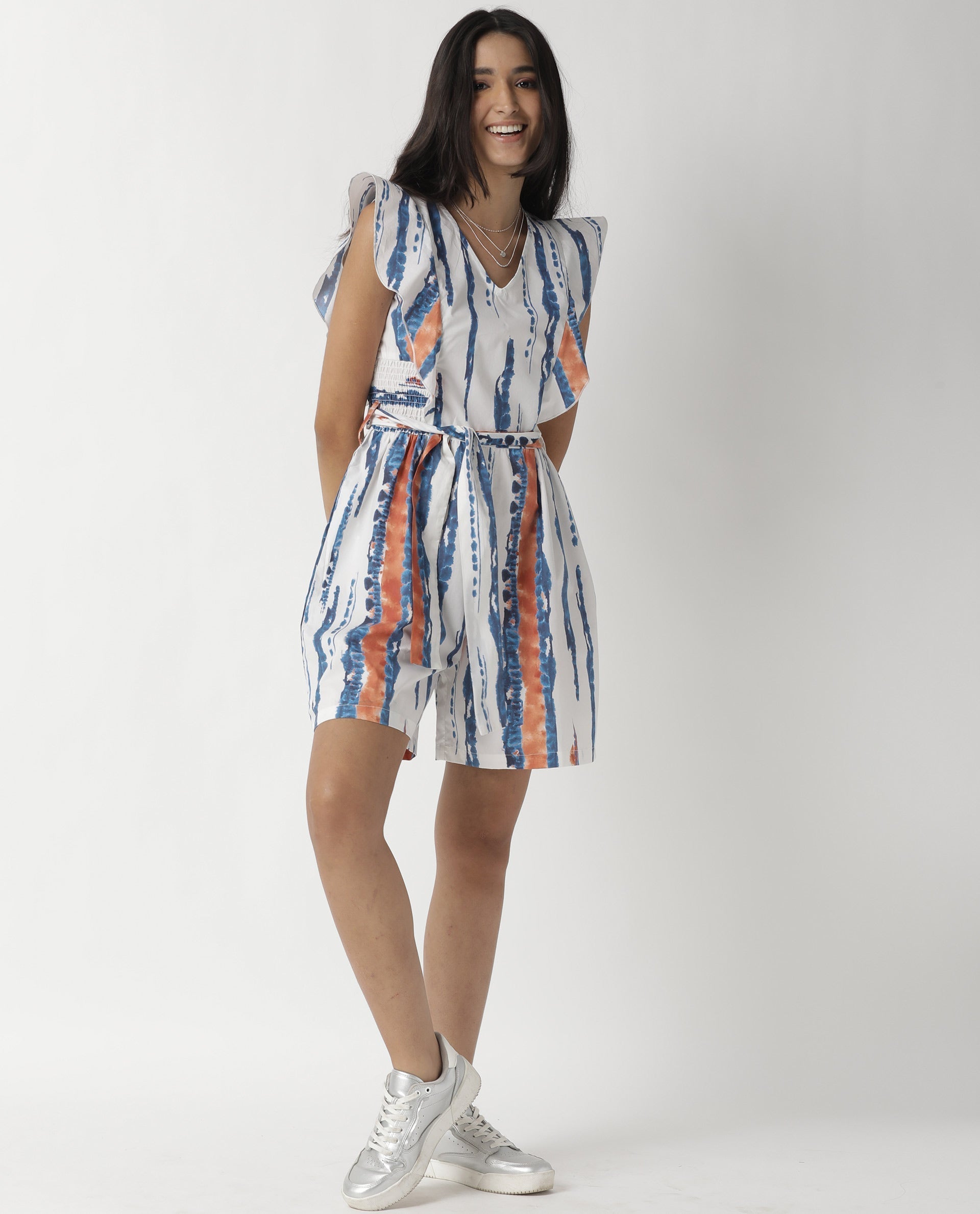 Rareism Women's Camera Offwhite Cotton V-Neck Abstract Print Sleeveless Regular Fit Playsuit